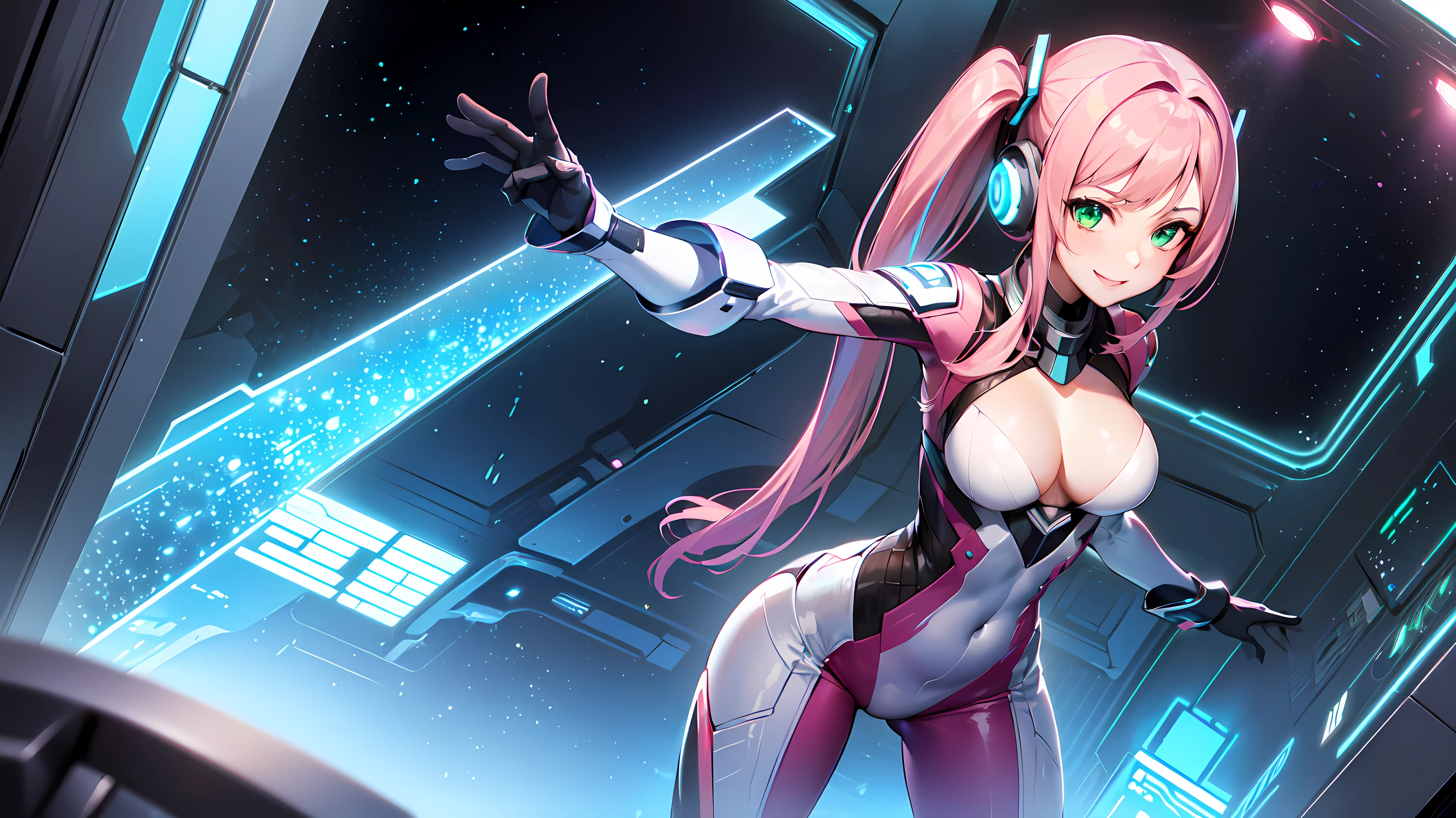 ​hd masterpiece, 1girl, ecchi girl ((20year old, dressed in a futuristic tight bodysuit, boots, medium breasts:1.2, multicolor pink hair, twin ponytails, perfect model body:1.4, detailed green eyes:1.7, flirting, happy, big smile, wearing headphones, inspired by Yuumei, looking at viewer, standing in a spaceship hangar:1.2, closeup shot:1.3, windows showing a galaxy in the background:1.3, fun and exciting atmosphere:1.2)) ((solo:1.8)) ((galaxy and stars)) ((close up shot focused on face))
