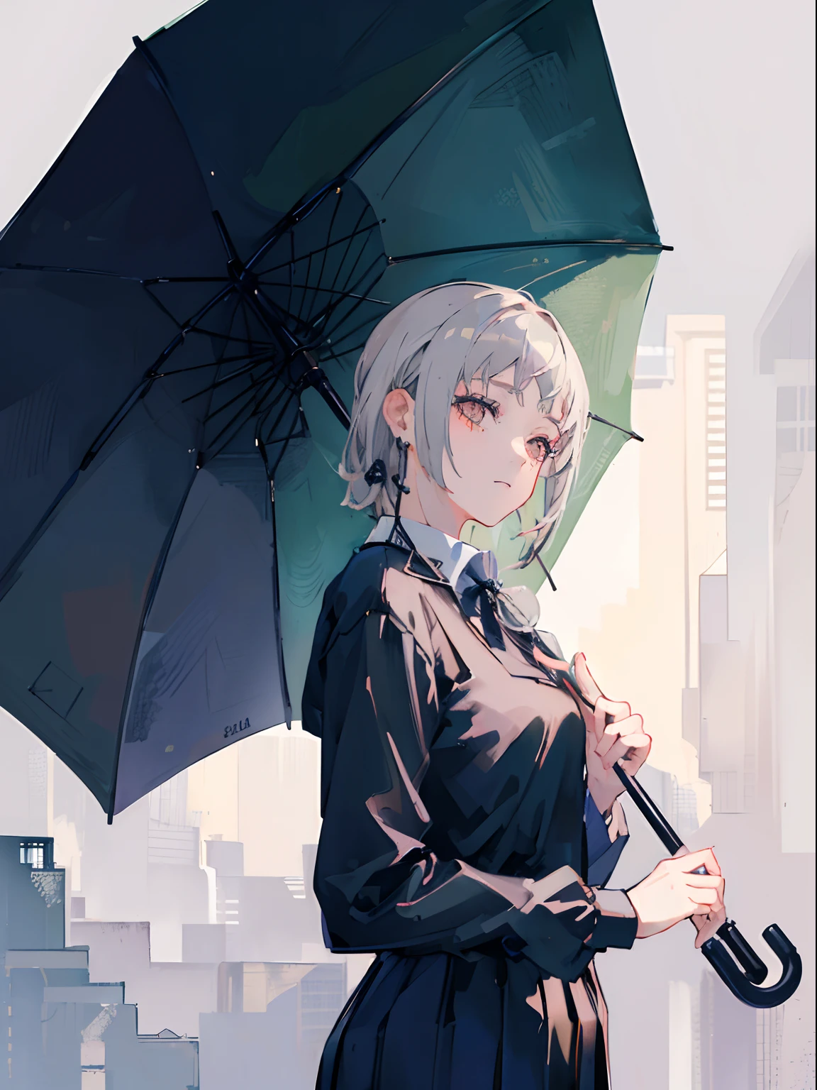 (masterpiece, top quality, best quality,official art, beautiful and aesthetic:1.2),(1girl:1.3), gray hair, umbrella