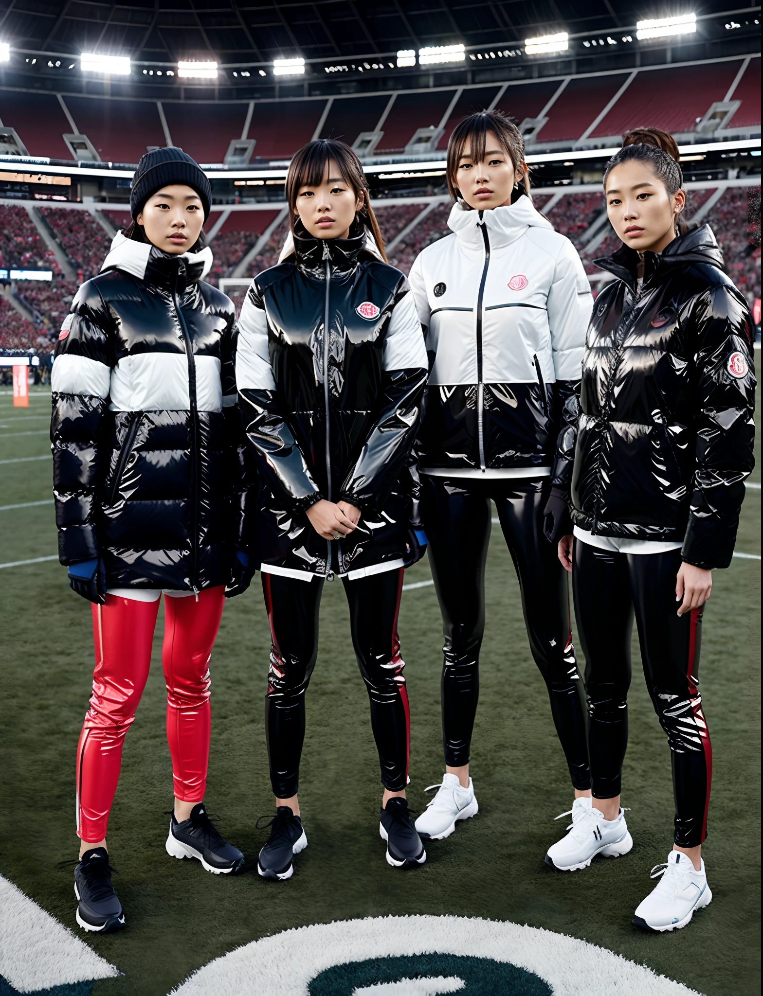 an empty stretcher in the foreground on the bottom, sad japanese girls, unlucky but pretty japanese girls in moncler coats, japanese girls in laquered puffer coats and shiny vinyl leggings, vinyl leggings, moncler coats, shiny down coats, laquered downcoats, high shine laqplastic coats, laquered Moncler downcoat, high shine laquered coats, moncler, four women in black down jackets standing on a blue field, godesses, 💣 💥💣 💥, professional sports style, 2 techwear women, sports clothing, wearing japanese techwear, official, sport clothing, 🤬 🤮 💕 🎀, black and red only, 💣 💥, illustration:.4, wearing track and field suit, ƒ / 2. 5, a scene in the interior of a football stadium with green sports turf, near the sidelines, in the background a spectator in the stands of the stadium