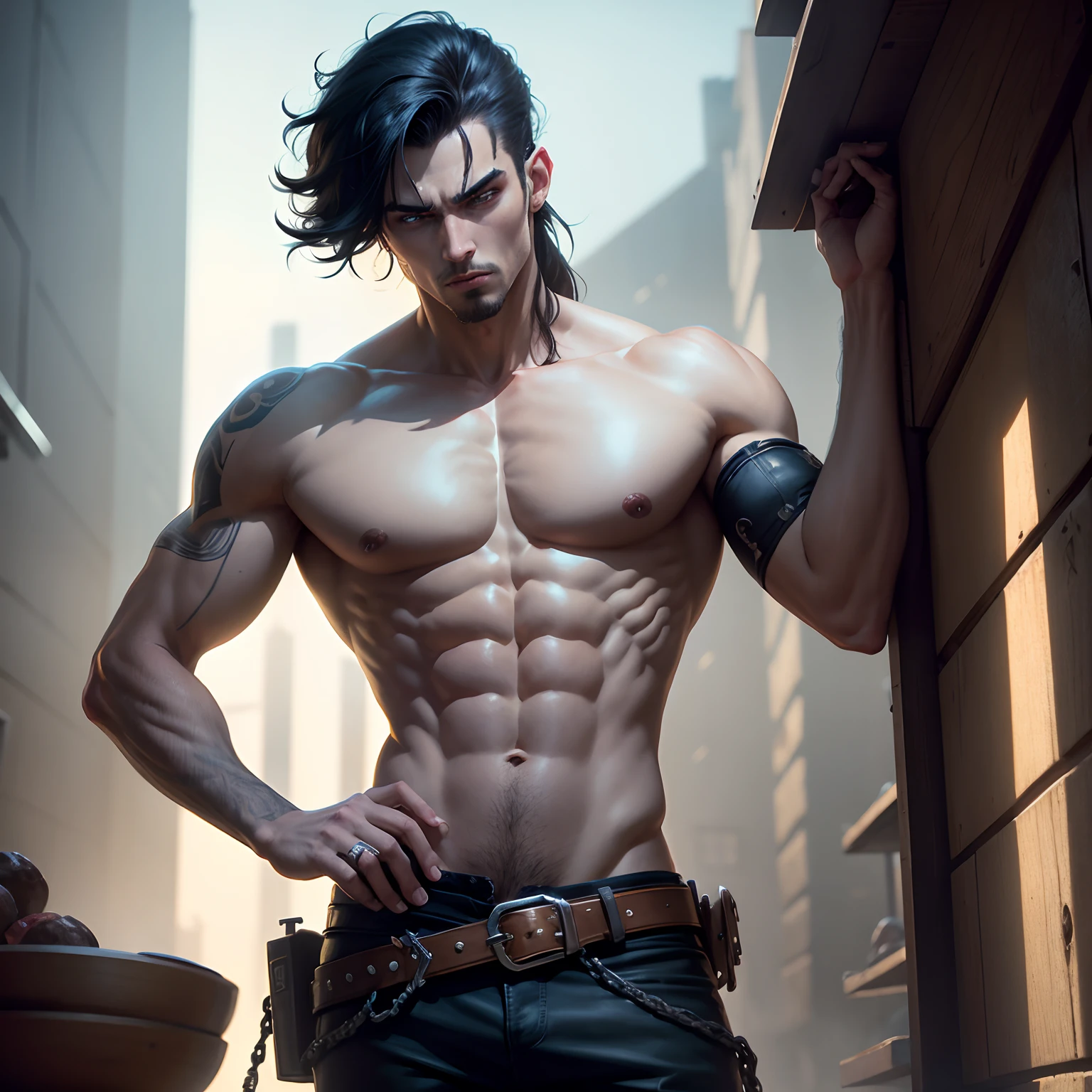 8k, masterpiece, best quality, realistic, higly detailed, cowboy shot, 1boy, solo, Fuutarou, young man, fair skin, black hair, bowl cut, two strands sticking up from the back of his head, bangs that cover his forehead, blue eyes, slim physique, tall build, tends to slouch, serious expression, scary and thuggish vibe, bad guy, League of Legends