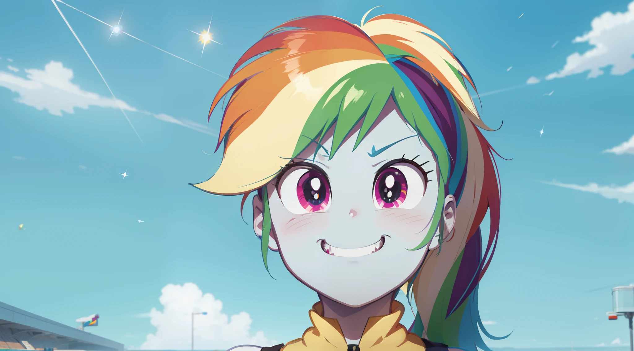 a close up of a cartoon pony with a rainbow on it, rainbow dash, giddy smirk, her hair is in a pony tail, auroracore, fim still, with no derpy face, she has a cute expressive face, mlp, she has two ponytails, windy mane, rainbowcore, bright rainbow nimbus, proud smirk, wry smirk