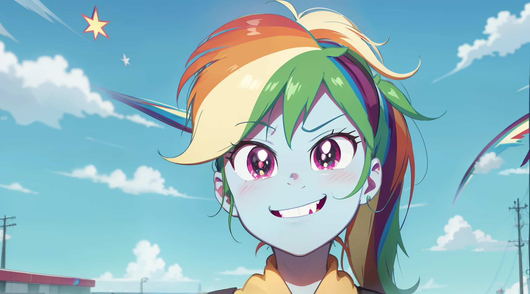 a close up of a cartoon pony with a rainbow on it, rainbow dash, giddy smirk, her hair is in a pony tail, auroracore, fim still, with no derpy face, she has a cute expressive face, mlp, she has two ponytails, windy mane, rainbowcore, bright rainbow nimbus, proud smirk, wry smirk