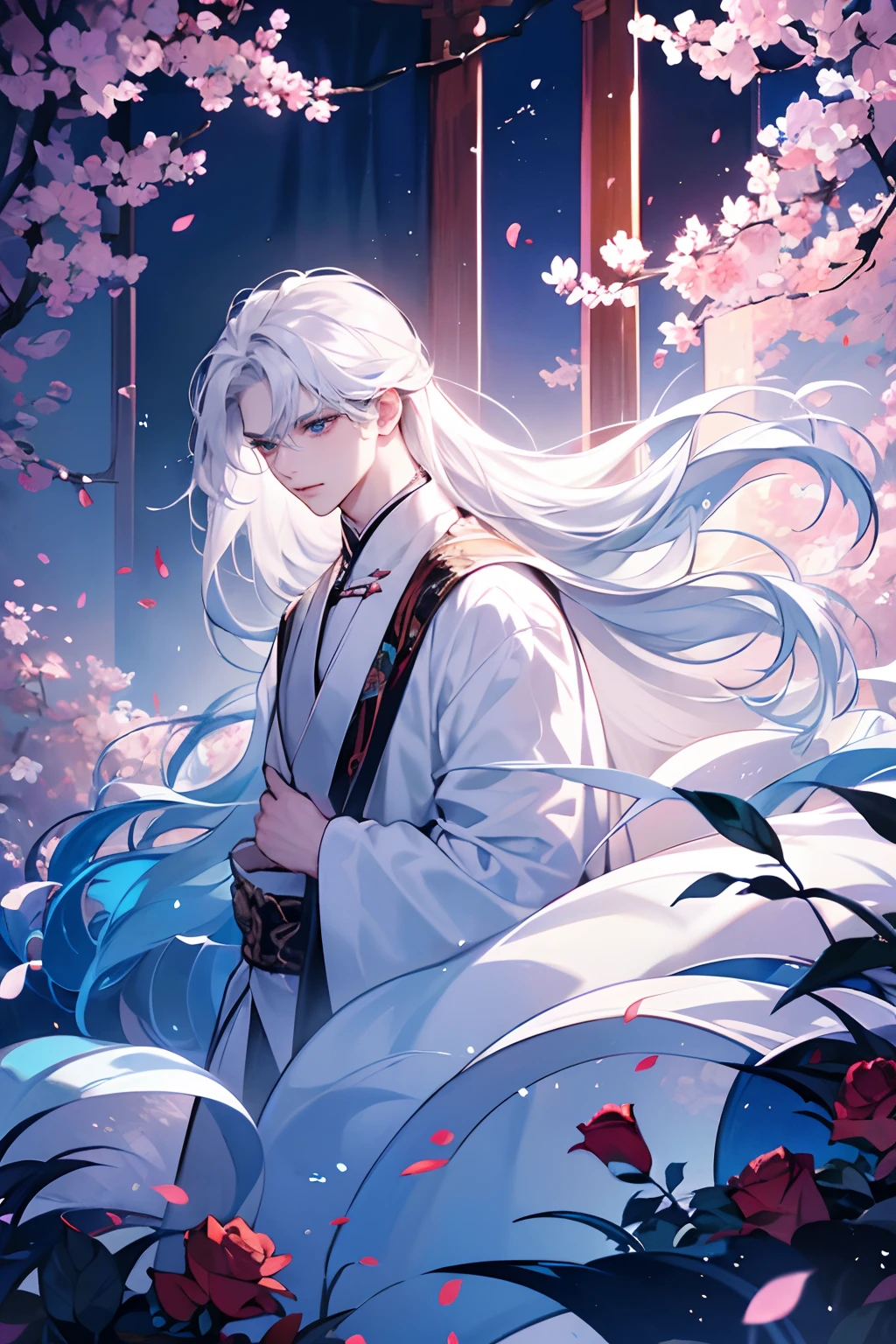 1boys，（long whitr hair），Pale teenager，Dark clothes，（（（Rose blanche））），white  shirt，The screen contrast is low，High brightness，Long white hair，Rose flower，bloods，Light blue leaves，softlighting，misterious ambience，Chinese landscape, En plein air, Flowers and trees, waterfallr,butterflys， Portrait, color difference, Depth of field, dramatic shadow, Ray tracing, Best quality, Cinematic lighting, Extremely detailed CG, 8K wallpaper,，