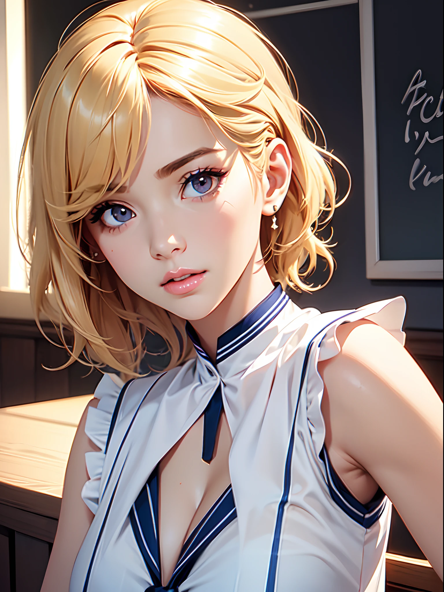 masterpiece, best quality, high quality, High definition, High quality texture, High quality shadow, high detail, beautiful detailed, finely detailed, extremely detailed cg, detailed texture, a realistic representation of the face, realistic, colorful, delicate, Cinematic Light, Ray tracing, sharp focus, (intricate details, makeup, PureErosFace_V1:0.5), (detailed beautiful delicate face, detailed beautiful delicate eyes, a face of perfect proportion, high detailed skin, detailed skin, best ratio four finger and one thumb, close up of upper body, (large breasts), (cleavage), ((Smooth texture, Realistic texture, Photorealistic)), (Detailed beautiful eyes, Beautiful eyelashes, emerald eyes), blonde medium hair, 1 woman, at classroom, ((( sheer white sailor shirt, Sleeveless, Open front))), (Beautiful face, Cute face, Detailed face), (((Sunny))), Perfect Eyes Eyes