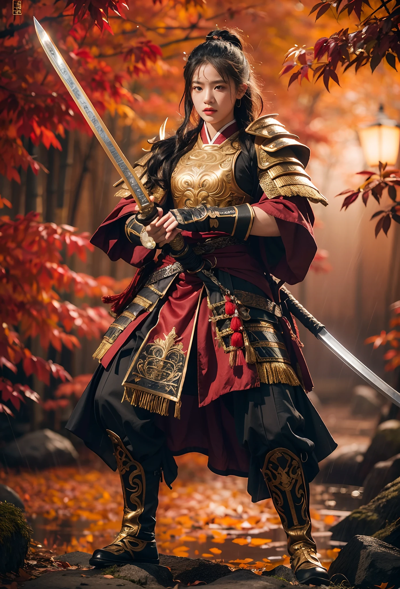 fantasy, Landscape photo of the forest, Chinese martial arts style, The skin is wet and shiny, (A 25-year-old girl samurai wears a black combat uniform，Hold a sword with gold details and glowing, Golden cape), (In a dense bamboo forest，Forest path, Night, thunderstorm, Dark sky, rain: 1.2), China-style, barbara (Genshin Impact:0.5), Elsa (Frozen):0.5, (Intricate details:1.2), Black hair, Wavy hair, lamplight, Sad, Brown eyes, symmetrical features, Detailed hands, Detailed fingers, (Masterpiece:1.2), (Epic composition:1.4), (talent:1.2), Ultra detailed, Highly detailed, insanely details, (Photorealistic:1.2), hdr, 8K, Exquisite, Sharp, elegant, fantasy vivid colors, High quality, battle garment, (full body shot of: 1.8)，(Faraway view: 1.8)，ultra-wide-angle