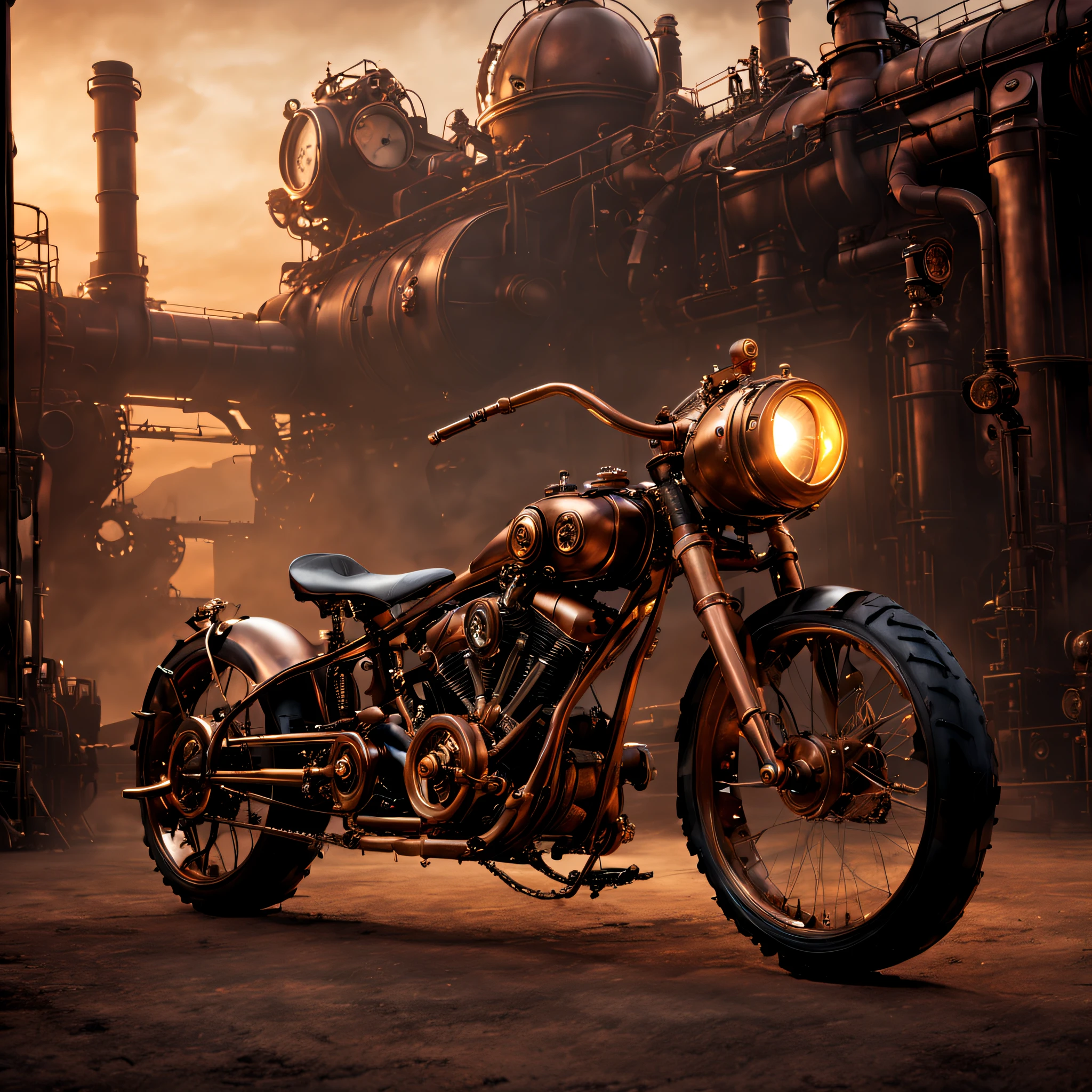 steampunk, A steampunk-inspired motorbike sits in the middle of a desolate industrial landscape. The metal frame of the bike is embellished with rivets, dials, and segmented limbs, evoking an aura of aged sophistication. Nearby, a dimly lit lantern casts a soft glow, intensifying the bike's shadow, while distant ethereal lights hint at a larger, mysterious world beyond. This spectral setting melds machine and mystique, evoking both wonder and unease.