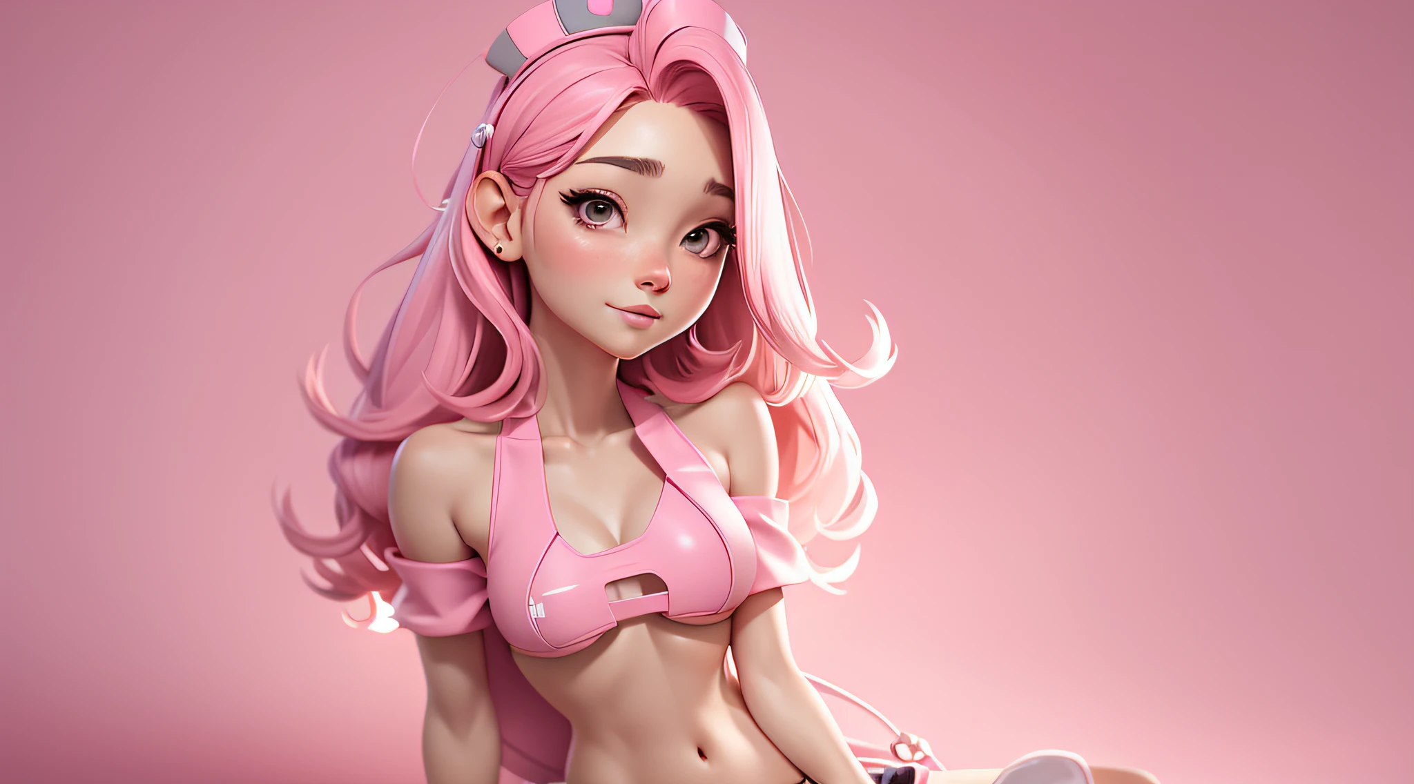 A female nurse, Pink off-the-shoulders,microkini,Slender legs,Chest out,spread their legs