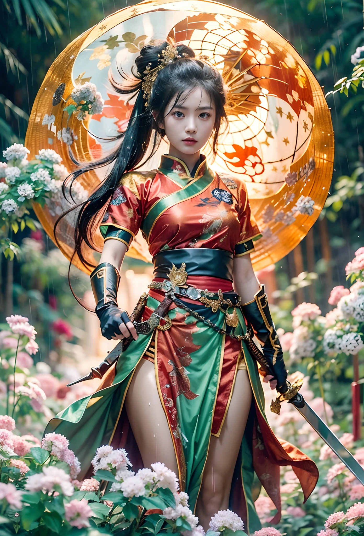 fantasy, Landscape photo of the forest, Chinese martial arts style, The skin is wet and shiny, (A 25-year-old girl samurai wears a black combat uniform，Hold a sword with gold details and glowing, Golden cape), (In a dense bamboo forest，Forest path, Night, thunderstorm, Dark sky, rain: 1.2), China-style, barbara (Genshin Impact:0.5), Elsa (Frozen):0.5, (Intricate details:1.2), Black hair, Wavy hair, lamplight, Sad, Brown eyes, symmetrical features, Detailed hands, Detailed fingers, (Masterpiece:1.2), (Epic composition:1.4), (talent:1.2), Ultra detailed, Highly detailed, insanely details, (Photorealistic:1.2), hdr, 8K, Exquisite, Sharp, elegant, fantasy vivid colors, High quality, battle garment, (full body shot of: 1.8)，(Faraway view: 1.8)，ultra-wide-angle