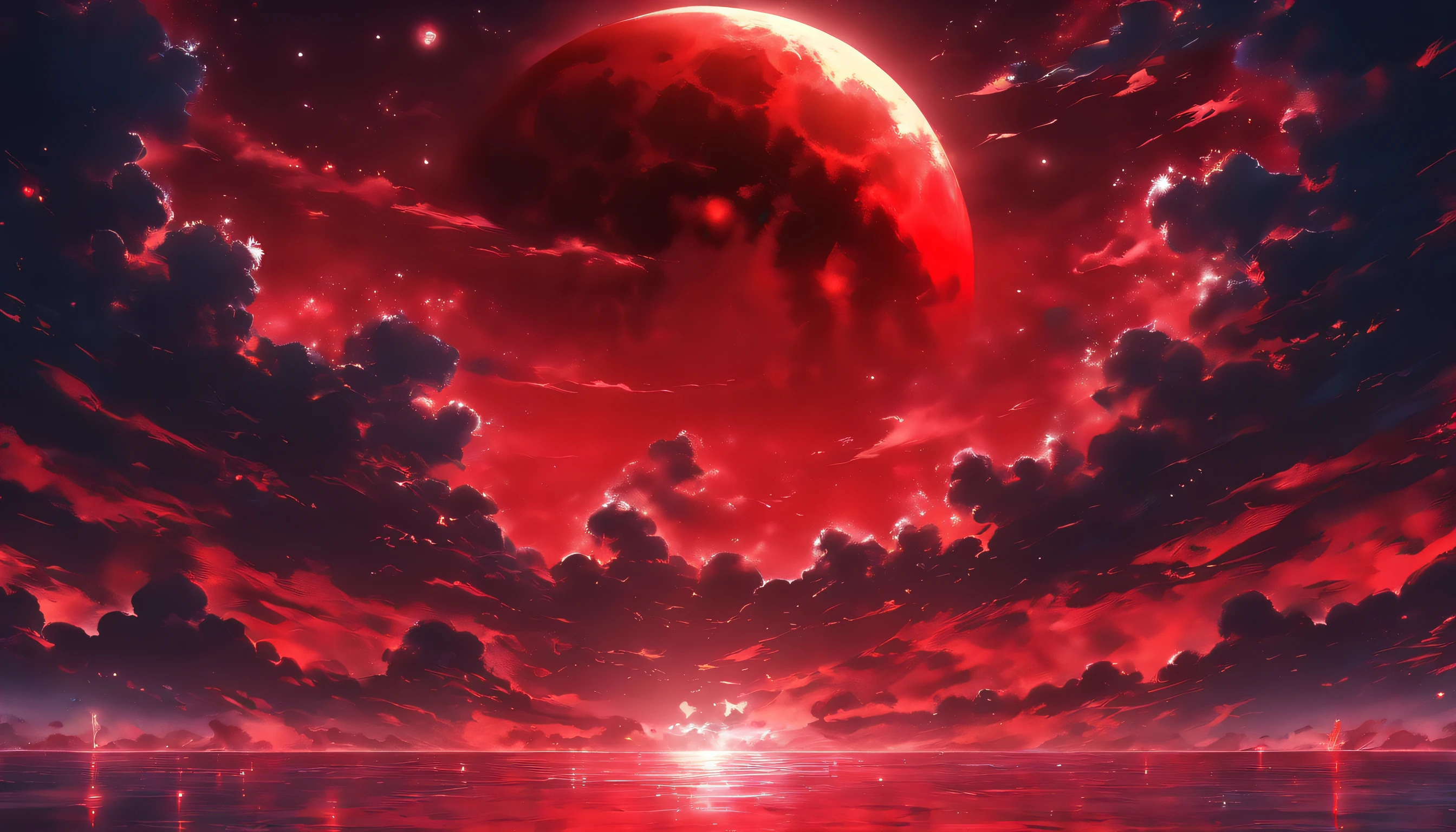 red colour;themoon;the ocean, UHD, highres, 4K