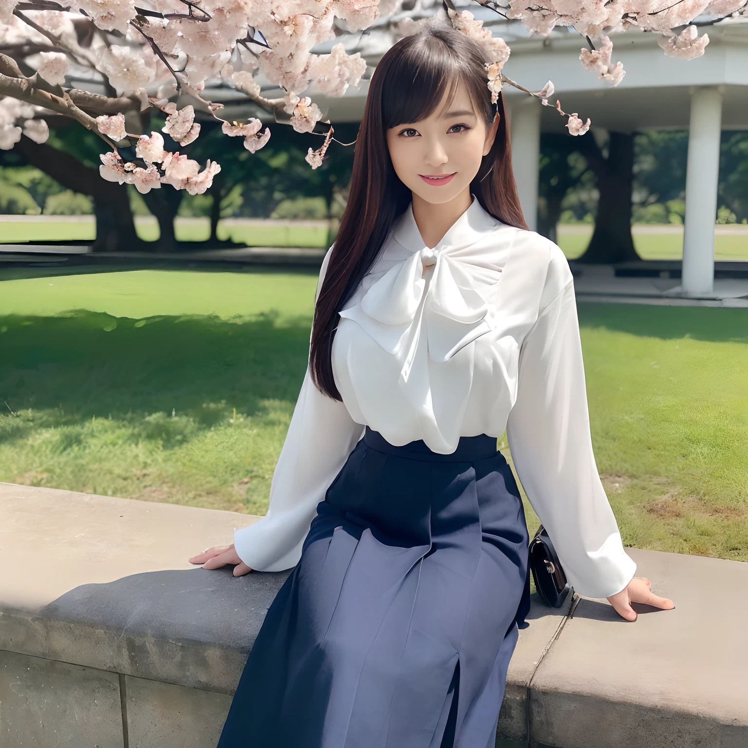 (((He is wearing a navy jacket,Wear a jacket,Wearing a jacket over a blouse,Skirt without folds,There are no folds on the skirt))),((1人の女性,japanese beautiful woman,40 years,Introducing Japan's most beautiful face in detail,A detailed face,Accurate face)),((((Formal white blouse with elegant ribbon,Elegant white blouse,Navy Suit Jacket,Navy jacket,Navy Formal Flare Skirt,Navy Midi Flare Skirt,Classy navy skirt,Have a classy little bag)))),((Standing on the doorstep of a high school,Reinforced concrete school building,Reinforced concrete construction,It is a very large school,Wide entrance,The background is a cherry blossom tree in full bloom,A large reinforced concrete school building,Respectable Schools,There are many cherry blossoms blooming in the school,The cherry tree)),((Perfect makeup, Looking at the camera,The most beautiful faces in Japan,adultlike face,Big smile,Biggest smile,Staring at this,Take photos on your lap,Tastefully put together hair,Slimed,Colossal tits,Breasts are big,Emphasize the bulge of the chest,super-fine,beautiful hairl,perfect glossy skin,Perfect shiny hair,abundant hairline,Beautifully dyed hair,View here,Perfect fingers,face perfect,细致背景,Fair skin,Crystal clear white skin,Perfect fingers,细致背景,top-quality,The ultra -The high-definition,Perfect Anatomy,high-definition RAW color photography,professional photograpy, Very delicate, Extremely detailed,finely detail, Huge file size,Top image quality,8K,Award-Winning Works,masutepiece,Professional filming))