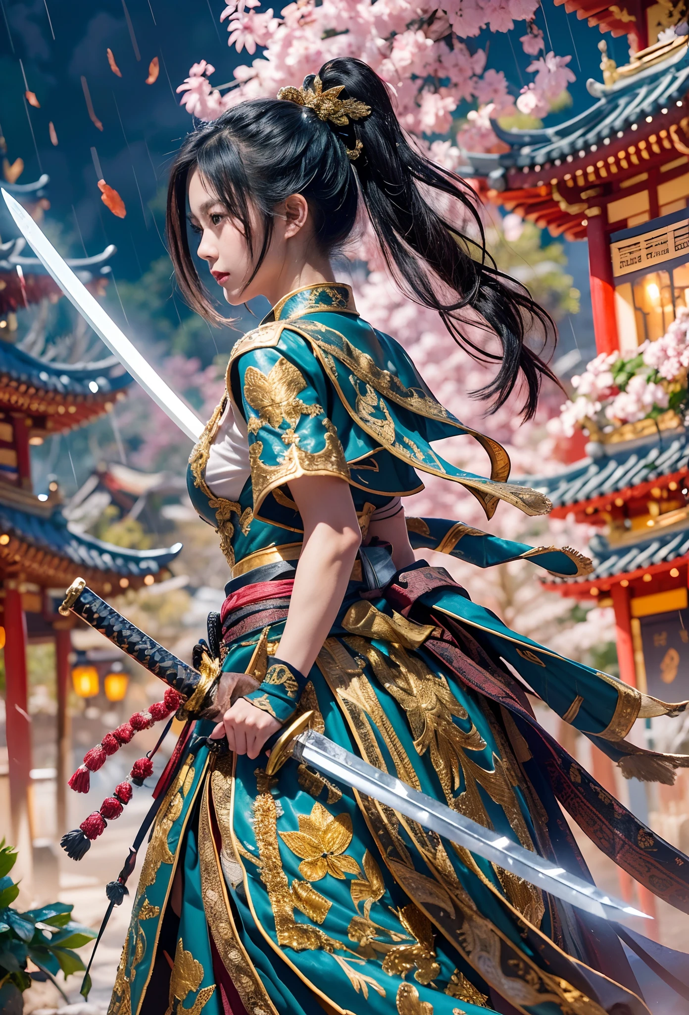 fantasy, Landscape photo of the forest, Chinese martial arts style, The skin is wet and shiny, (A 25-year-old girl samurai wears a black combat uniform，Hold a sword with gold details and glowing, Golden cape), (In a dense bamboo forest，Forest path, Night, thunderstorm, Dark sky, rain: 1.2), China-style, barbara (Genshin Impact:0.5), Elsa (Frozen):0.5, (Intricate details:1.2), Black hair, Wavy hair, lamplight, Sad, Brown eyes, symmetrical features, Detailed hands, Detailed fingers, (Masterpiece:1.2), (Epic composition:1.4), (talent:1.2), Ultra detailed, Highly detailed, insanely details, (Photorealistic:1.2), hdr, 8K, Exquisite, Sharp, elegant, fantasy vivid colors, High quality, battle garment, (full body shot of: 1.8)，(Faraway view: 1.8)，ultra-wide-angle