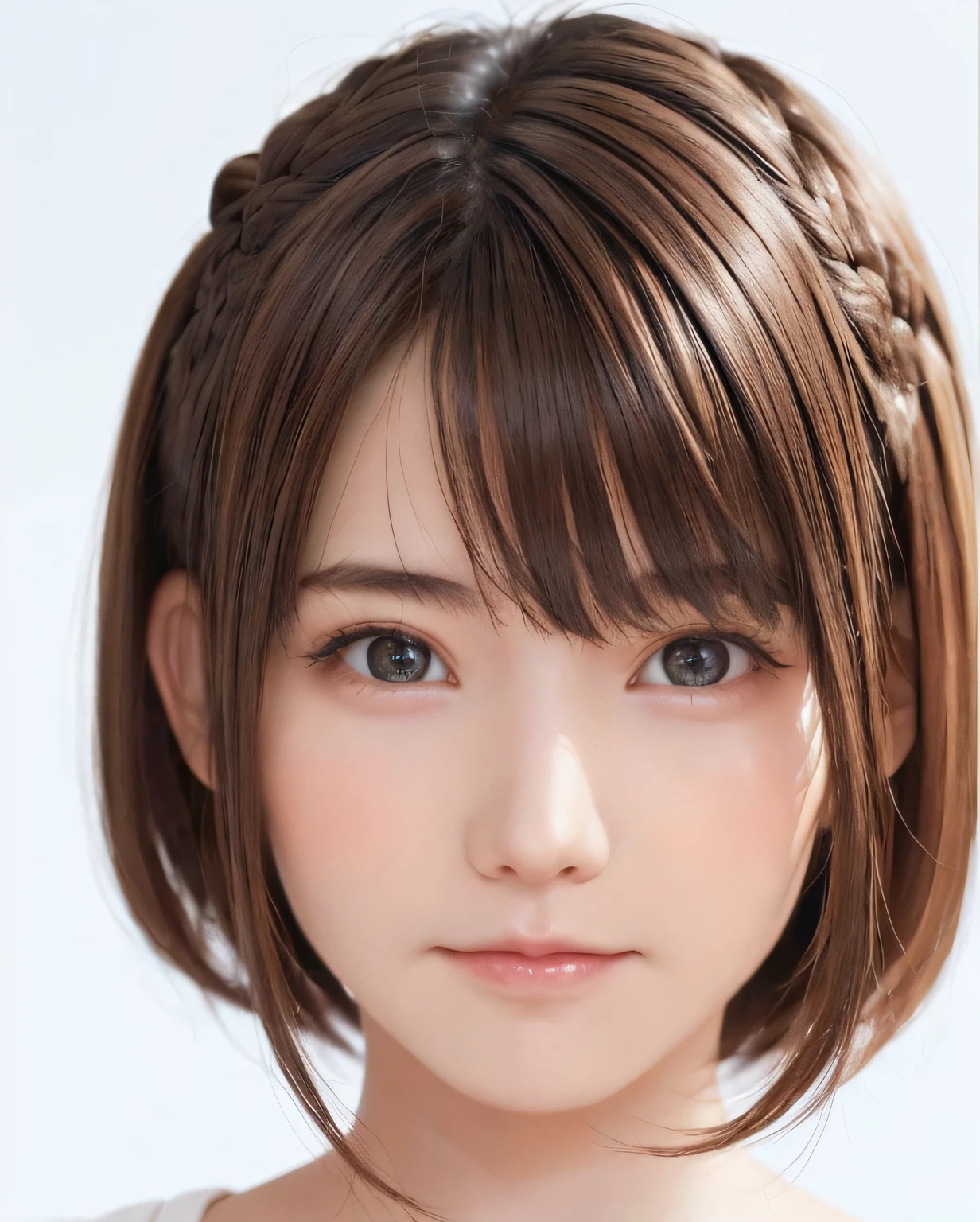 Best Quality, Photorealistic, 8K, hight resolution, fulcolor, 1girll, Woman, Female, , (Closed mouth:1.73), with a pure white background,Bring skin care products closer to the cheeks,With fair skin,semi transparent, view the viewer:1.8, (1girl eyes looking at viewer:1.55), (Medium Hair, brown haired, parted hair:1.45), (Bokeh),