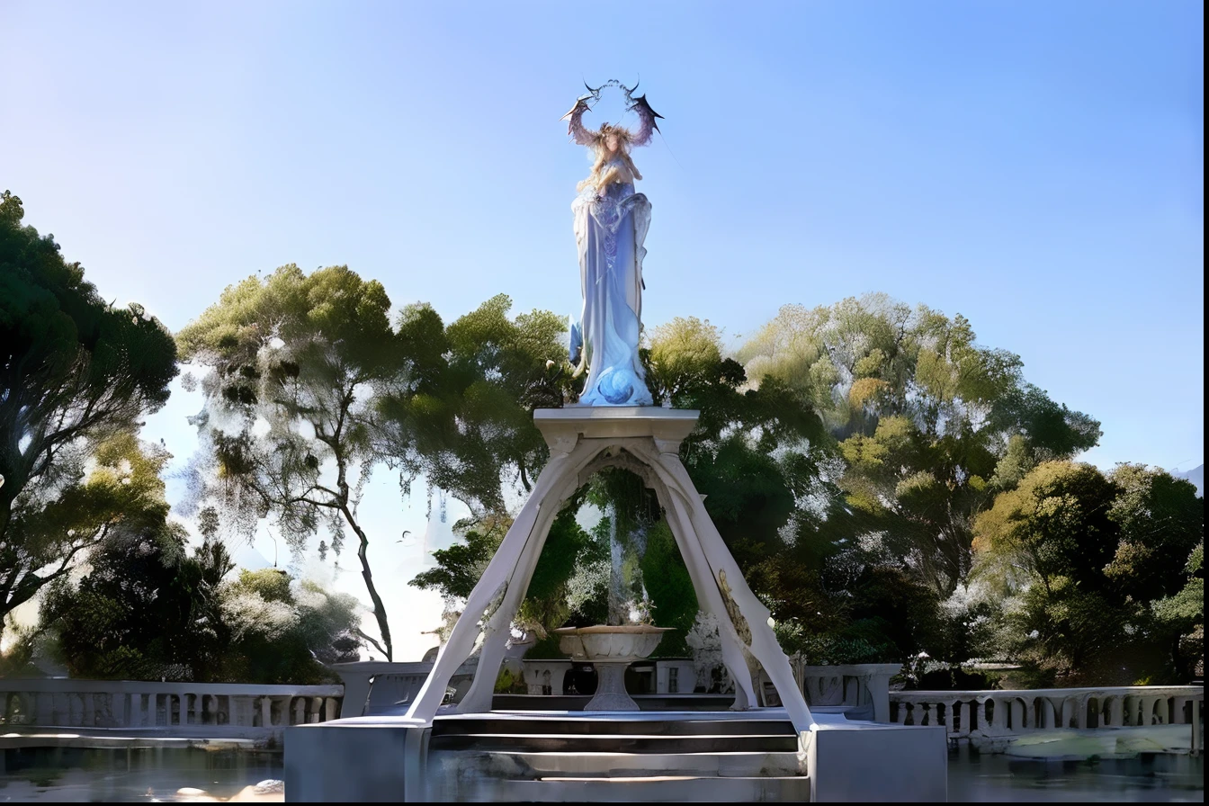 White plaster statue, grega, statue of a beautiful naked woman, de corpo inteiro, seios fartos e cintura fina. raised arms . Rosto delicado e perfeito. obra-prima, jardim grego antigo, cercado de flores, cinematic lighthing, detalhes detalhados