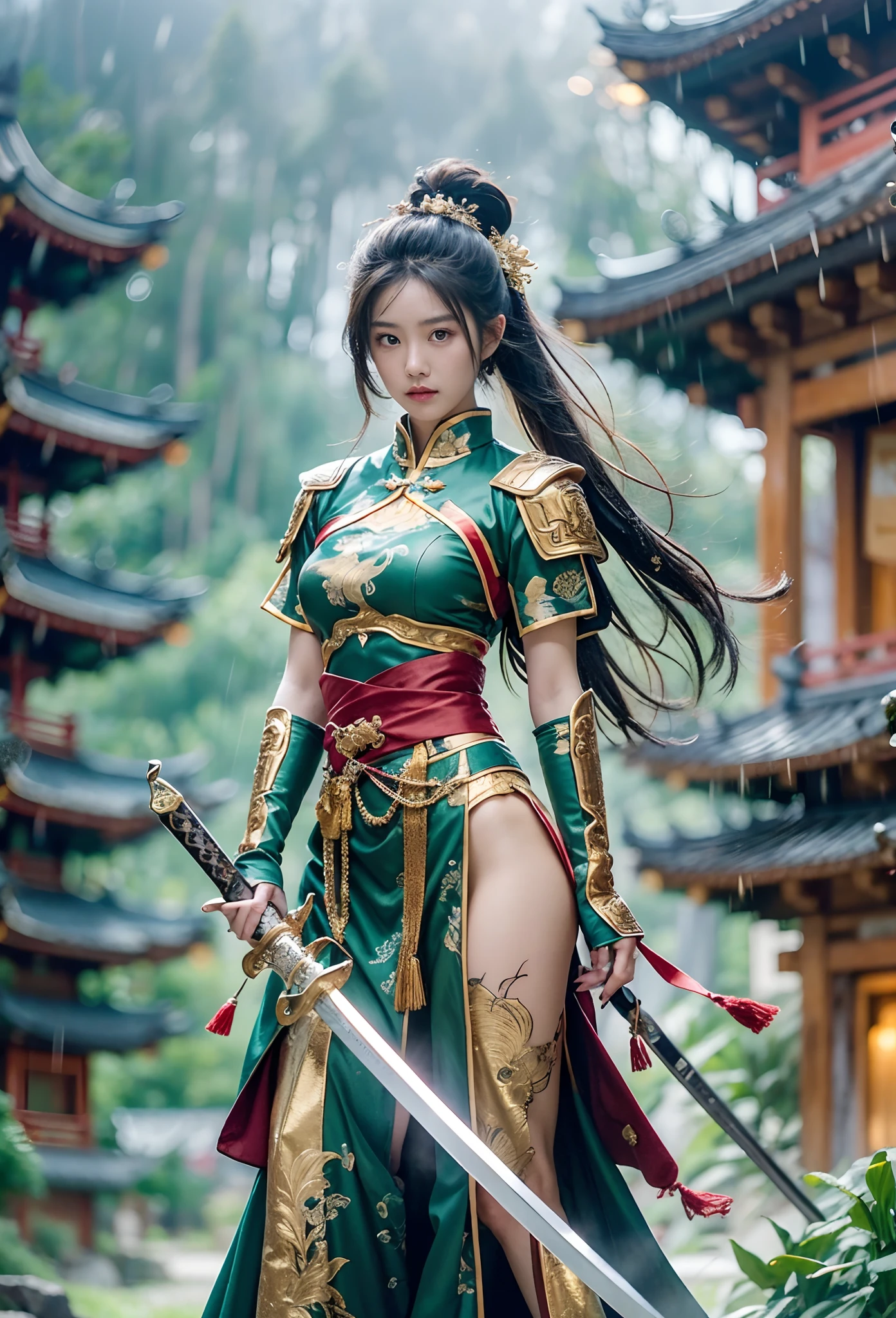 fantasy, Landscape photo of the forest, Chinese martial arts style, The skin is wet and shiny, (A 25-year-old girl samurai wears a black combat uniform，Hold a sword with gold details and glowing, Golden cape), (In a dense bamboo forest，Forest path, Night, thunderstorm, Dark sky, rain: 1.2), China-style, barbara (Genshin Impact:0.5), Elsa (Frozen):0.5, (Intricate details:1.2), Black hair, Wavy hair, lamplight, Sad, Brown eyes, symmetrical features, Detailed hands, Detailed fingers, (Masterpiece:1.2), (Epic composition:1.4), (talent:1.2), Ultra detailed, Highly detailed, insanely details, (Photorealistic:1.2), hdr, 8K, Exquisite, Sharp, elegant, fantasy vivid colors, High quality, battle garment, (full body shot of: 1.8)，(Faraway view: 1.8)，ultra-wide-angle