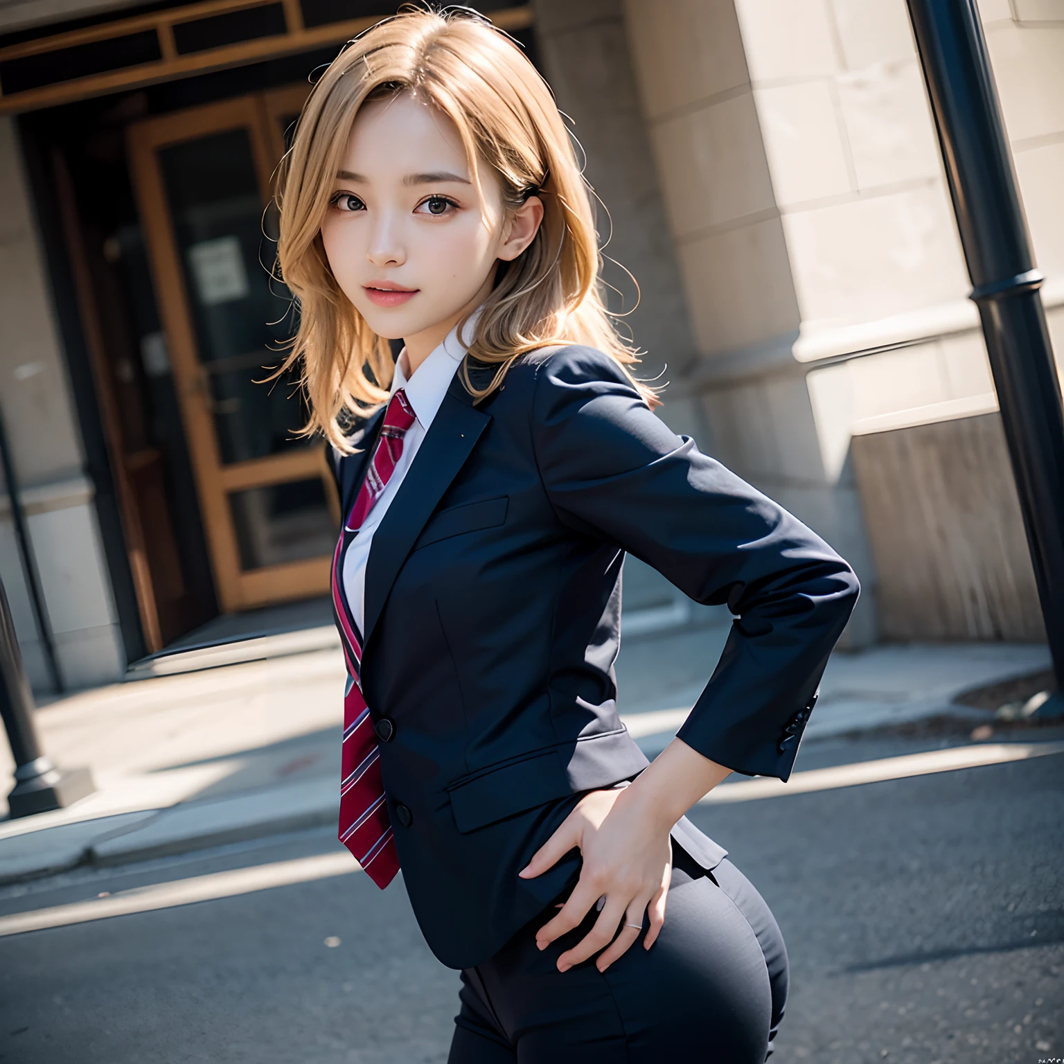(masutepiece, Best Quality:1.2), 8K, Official art, Full body photo, full body Esbian、Emma fastening her tie.trouser、Cute smile、cute butt、Suits、A dark-haired、14years、small tits、A delightful、A smile、unbelievable Ridiculous, (Upper body, Dark blue suit:Cute Tie 1.4), Beautiful Girl, Pretty Face, arching back down, cute butt、Gold hair ornament on hair、Wearing a cute suit、Decide on a pose、Raise your hands、close up, Wearing a suit, Short sleeve, gardenia, violaceaess, , Street, Looking at Viewer, Film grain, chromatic abberation, Sharp Focus, face lights, Dynamic lighting, Cinematic lighting, Eyes and faces with detailed, Bokeh background, (Tie with Emma written on it、1 copy:1.2)