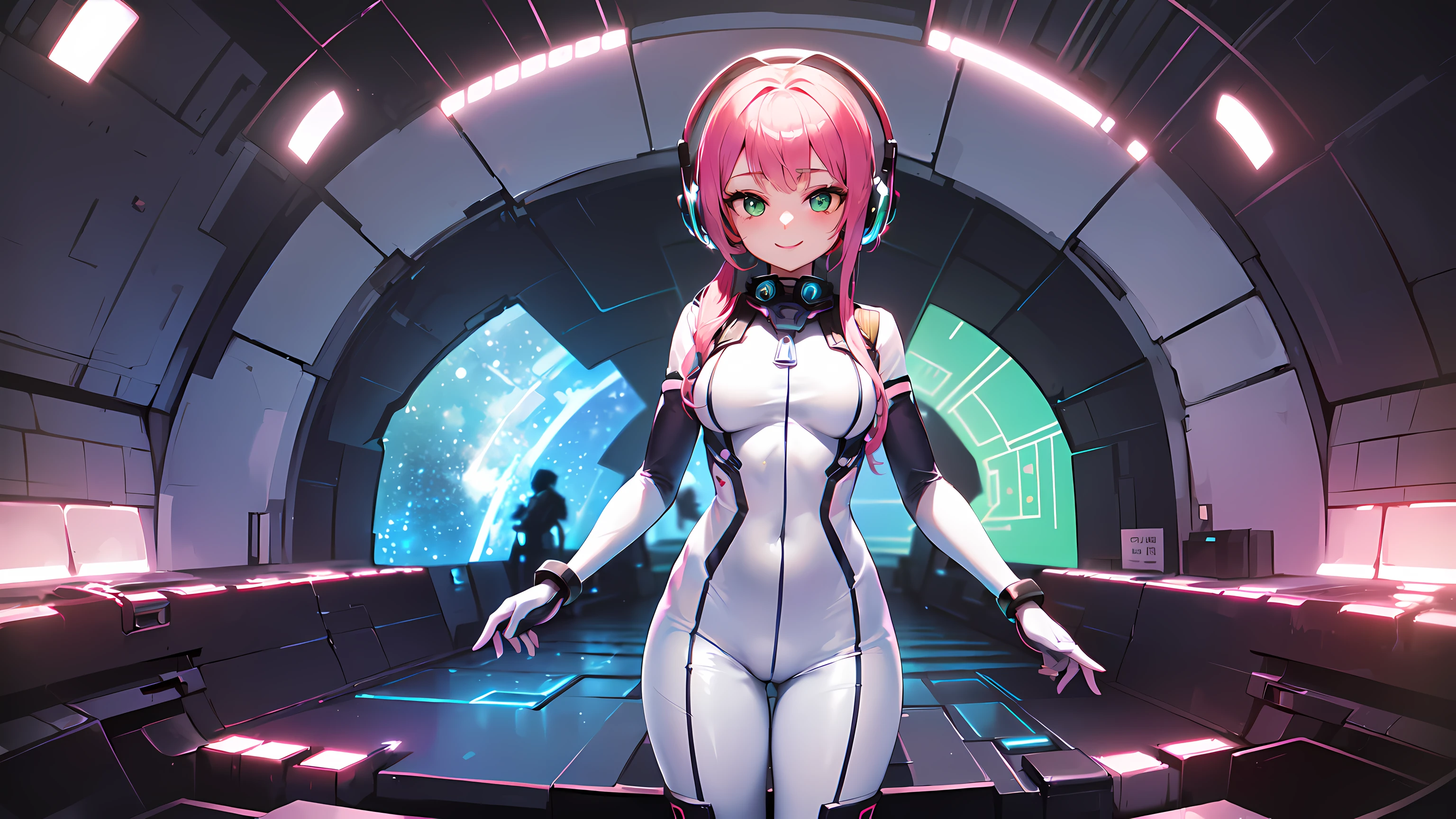 ​hd masterpiece, 1girl, ecchi girl ((20year old, dressed in a futuristic tight bodysuit, boots, medium breasts:1.2, multicolor pink hair, twin ponytails, perfect model body:1.4, detailed green eyes:1.7, flirting, happy, big smile, wearing headphones, inspired by Yuumei, looking at viewer, standing in a spaceship hangar:1.2, cowboy shot:1.3, windows showing a galaxy in the background:1.3, fun and exciting atmosphere:1.2)) ((solo:1.8)) ((galaxy and stars))