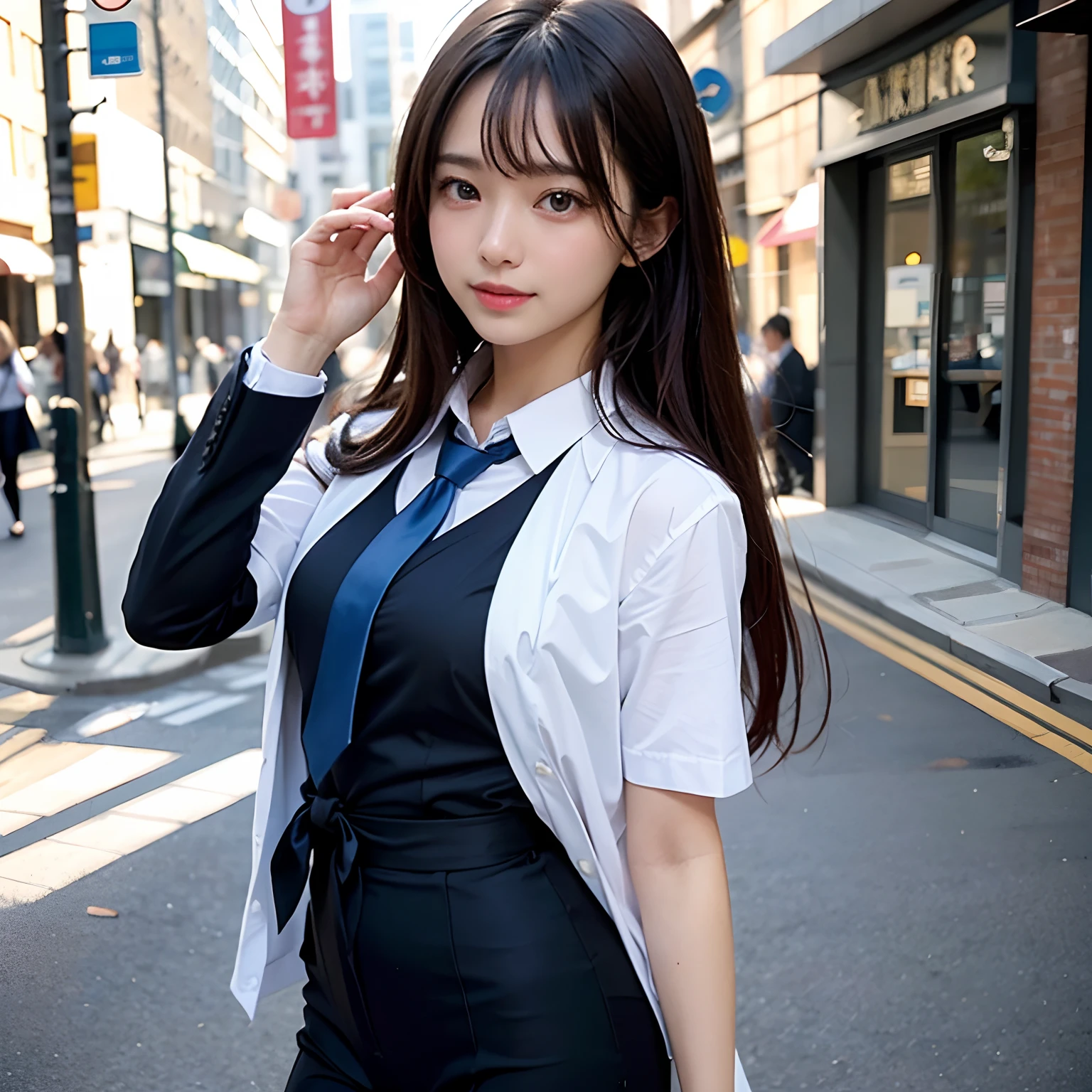 (masutepiece, Best Quality:1.2), 8K, Official art, Full body photo, full body Esbian、Emma fastening her tie.trouser、Cute smile、cute butt、Suits、A dark-haired、14years、small tits、A delightful、A smile、unbelievable Ridiculous, (Upper body, Dark blue suit:Cute Tie 1.4), Beautiful Girl, Pretty Face, arching back down, cute butt、Gold hair ornament on hair、Wearing a cute suit、Decide on a pose、Raise your hands、close up, Wearing a suit, Short sleeve, gardenia, violaceaess, Teen, Street, Looking at Viewer, Film grain, chromatic abberation, Sharp Focus, face lights, Dynamic lighting, Cinematic lighting, Eyes and faces with detailed, Bokeh background, (Tie with Emma written on it、1 copy:1.2)