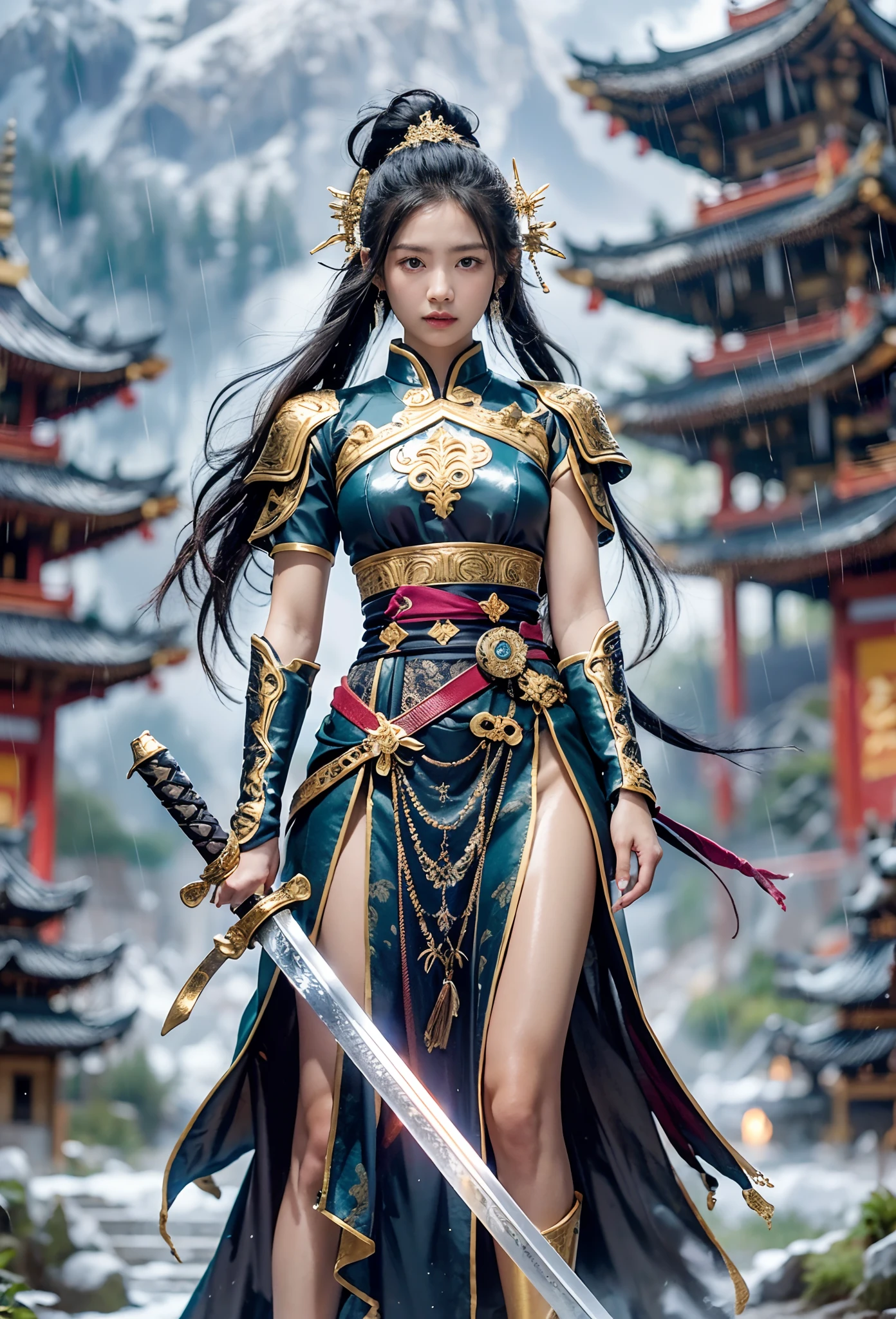 fantasy, Landscape photo of the forest, Chinese martial arts style, The skin is wet and shiny, (A 25-year-old girl samurai wears a black combat uniform，Hold a sword with gold details and glowing, Golden cape), (In a dense bamboo forest，Forest path, Night, thunderstorm, Dark sky, rain: 1.2), China-style, barbara (Genshin Impact:0.5), Elsa (Frozen):0.5, (Intricate details:1.2), Black hair, Wavy hair, lamplight, Sad, Brown eyes, symmetrical features, Detailed hands, Detailed fingers, (Masterpiece:1.2), (Epic composition:1.4), (talent:1.2), Ultra detailed, Highly detailed, insanely details, (Photorealistic:1.2), hdr, 8K, Exquisite, Sharp, elegant, fantasy vivid colors, High quality, battle garment, (full body shot of: 1.8)，(Faraway view: 1.8)，ultra-wide-angle