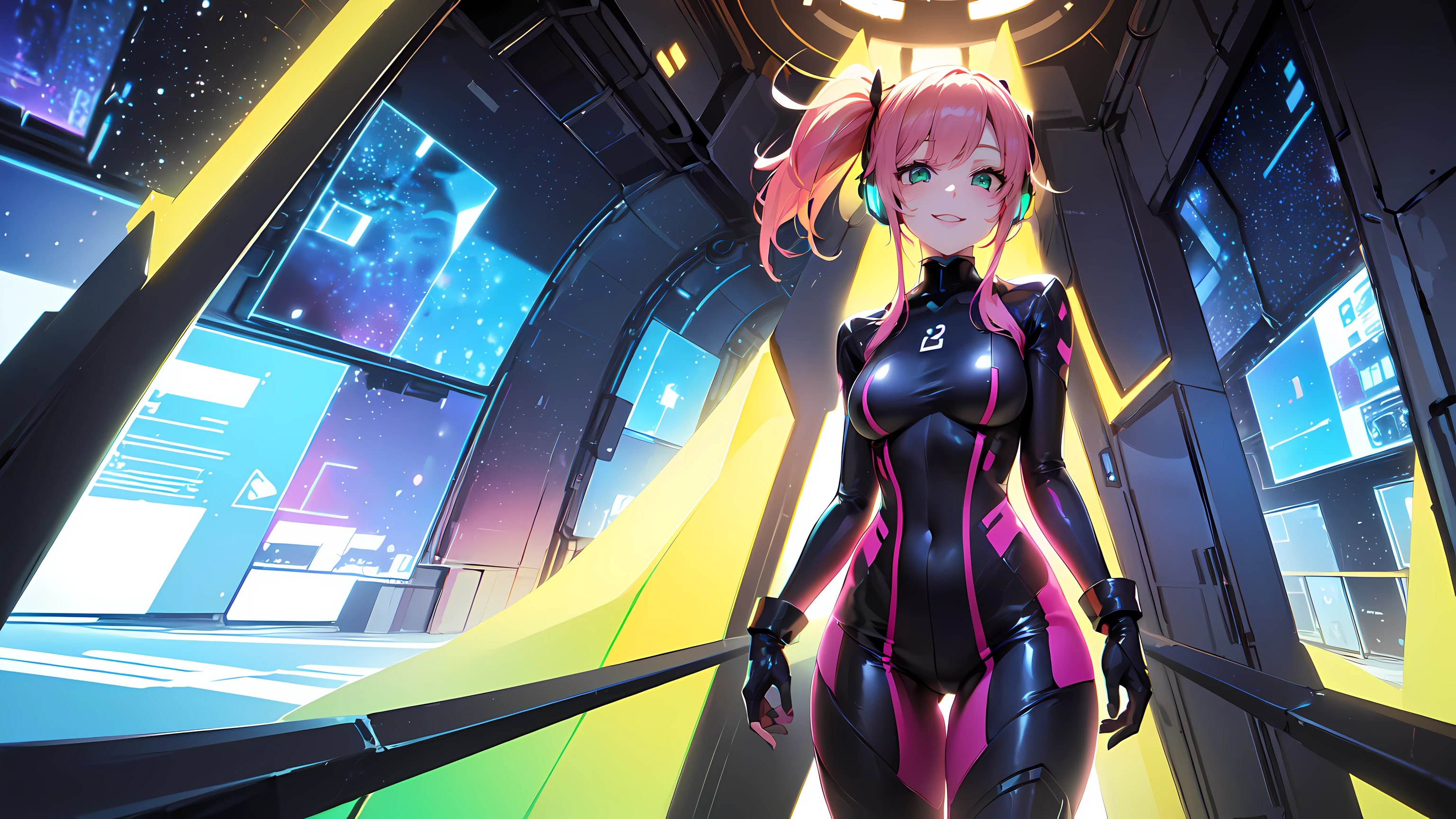 ​hd masterpiece, 1girl, ecchi girl ((20year old, dressed in a futuristic tight bodysuit, boots, medium breasts:1.2, multicolor pink hair, twin ponytails, perfect model body:1.4, detailed green eyes:1.7, flirting, happy, big smile, wearing headphones, inspired by Yuumei, looking at viewer, standing in a spaceship hangar:1.2, cowboy shot:1.3, windows showing a galaxy in the background:1.3, fun and exciting atmosphere:1.2)) ((solo:1.8)) ((galaxy and stars))