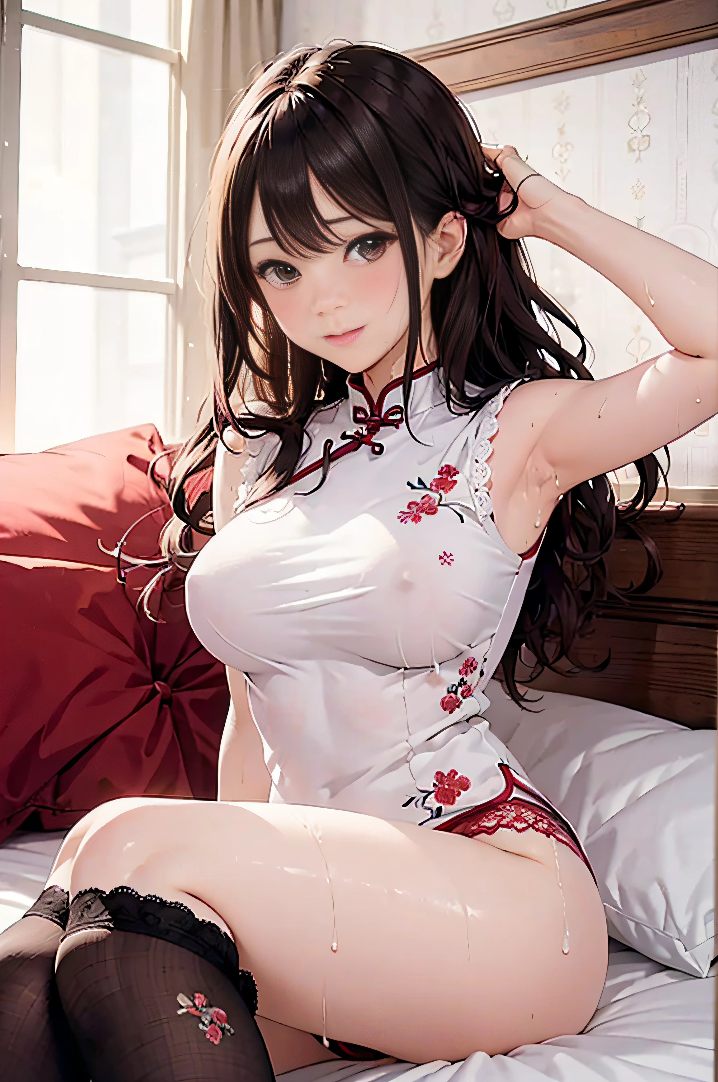 masutepiece,Best Quality,High resolution,Fine details,Solo,Adult Woman,blush,Curve,Large breasts,(Wet white cheongsam、gorgeous embroidery),Luxury hotel beds、Dark brown longhair、waved hair、Shy laughter、Kamimei、Stockings、Puffy hips、Puffy nipple、lyin in bed、Red lace panties、itting open legs、After sex