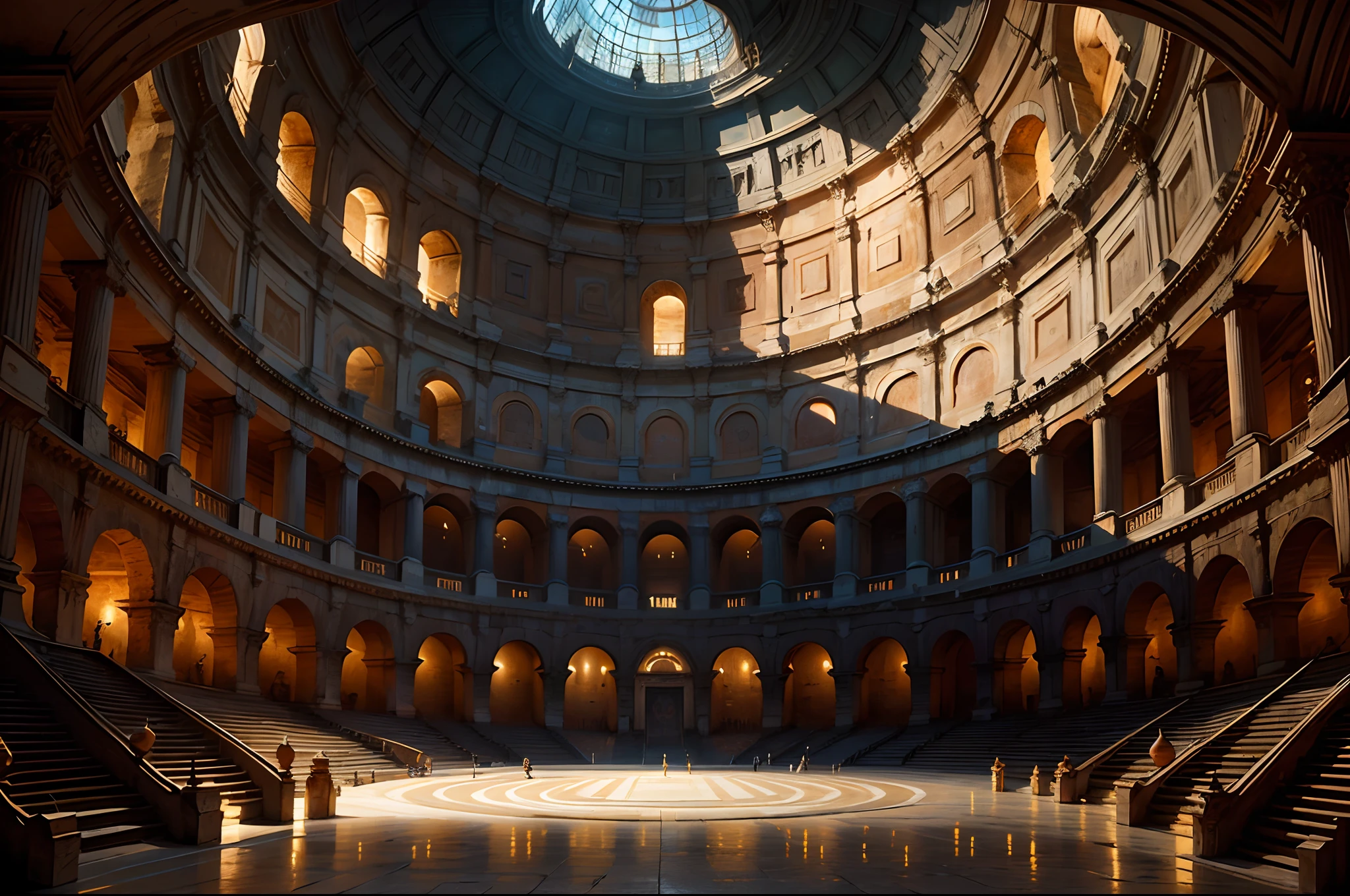 fantasy theme, a far view of a very massive-colossal and tall greek style colosseum-shaped hall of resurrection with magic runes painted on the wall and floor, symmetrical, colorful, fantasy structure, hyper realistic, digital art, fantasy art, masterpiece, best quality