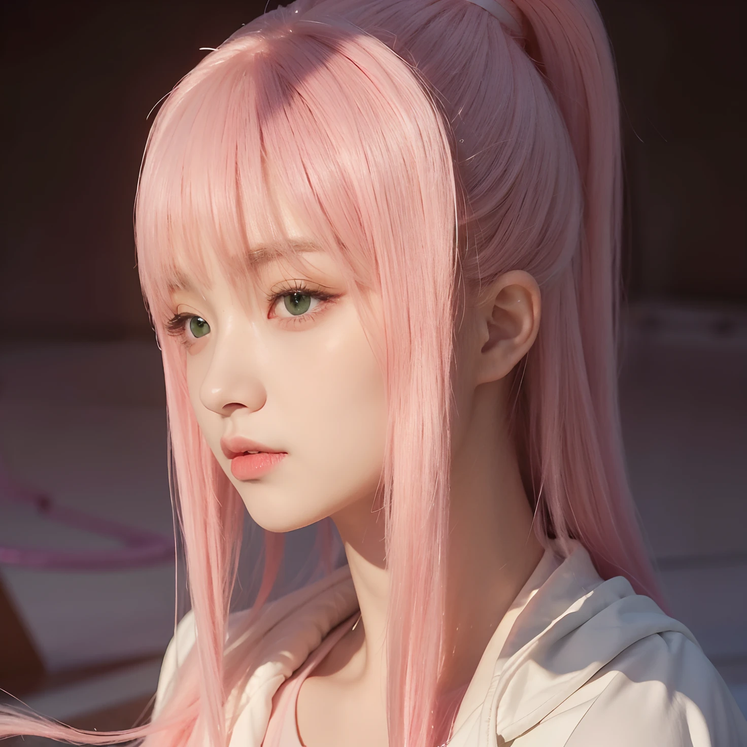 A girl with realistic tied long pink hair, exact same hairstyle,The bangs are exactly the same, realistic Korean beautiful face, realistic cool expression, realistic green eyes,Adapt the exact same clothes, realistic white jacket,Realistic light, realistic shadows, realistic backgrounds, realistic nighttime, realistic outdoors