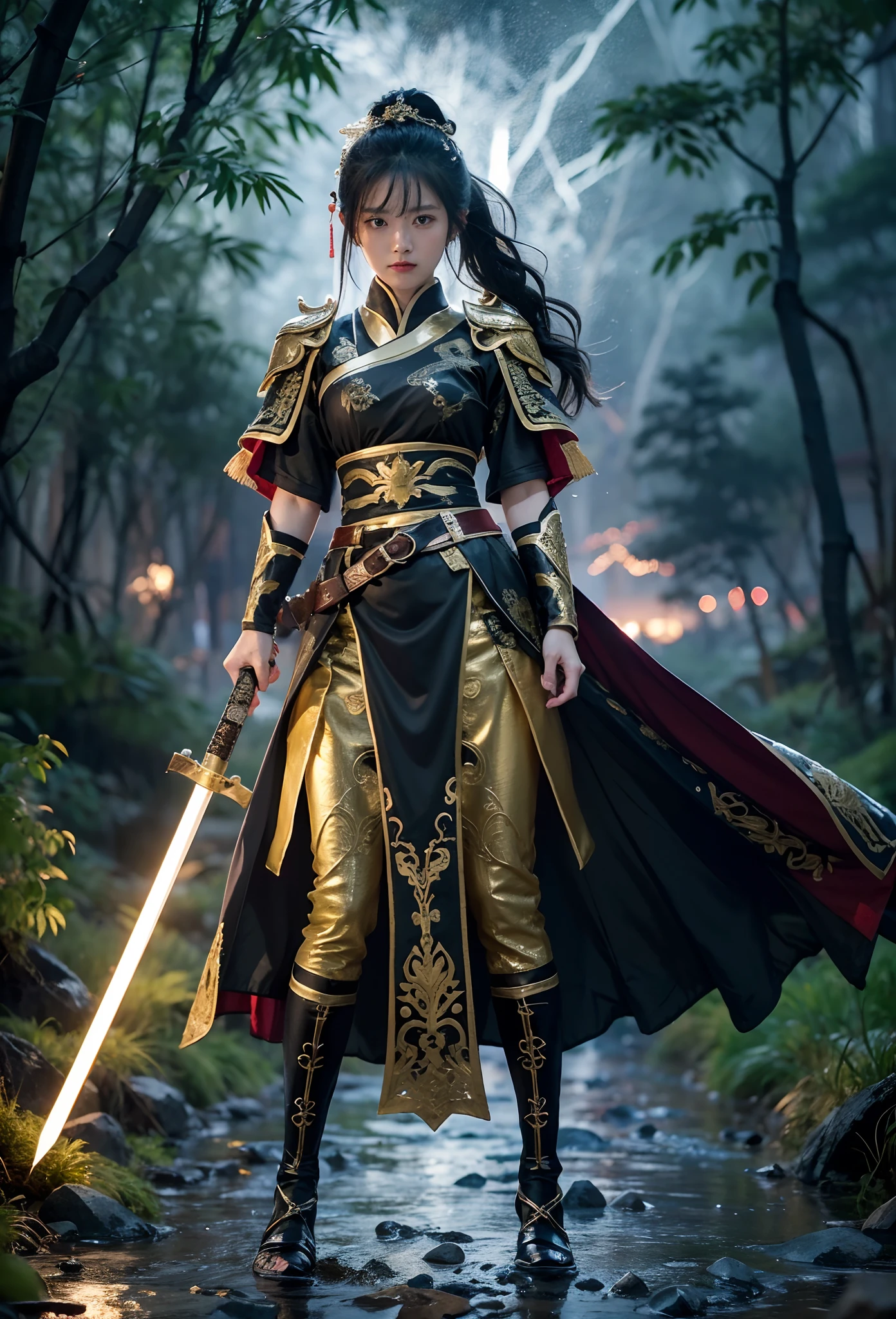 fantasy, Landscape photo of the forest, Chinese martial arts style, The skin is wet and shiny, (A 25-year-old girl samurai wears a black combat uniform,Hold a sword with gold details and glowing, Golden cape), (In a dense bamboo forest,Forest path, Night, thunderstorm, Dark sky, rain: 1.2), China-style, barbara (Genshin Impact:0.5), Elsa (Frozen):0.5, (Intricate details:1.2), Black hair, Wavy hair, lamplight, Sad, Brown eyes, symmetrical features, Detailed hands, Detailed fingers, (Masterpiece:1.2), (Epic composition:1.4), (talent:1.2), Ultra detailed, Highly detailed, insanely details, (Photorealistic:1.2), hdr, 8K, Exquisite, Sharp, elegant, fantasy vivid colors, High quality, battle garment, (full body shot of: 1.8),(Faraway view: 1.8),ultra-wide-angle