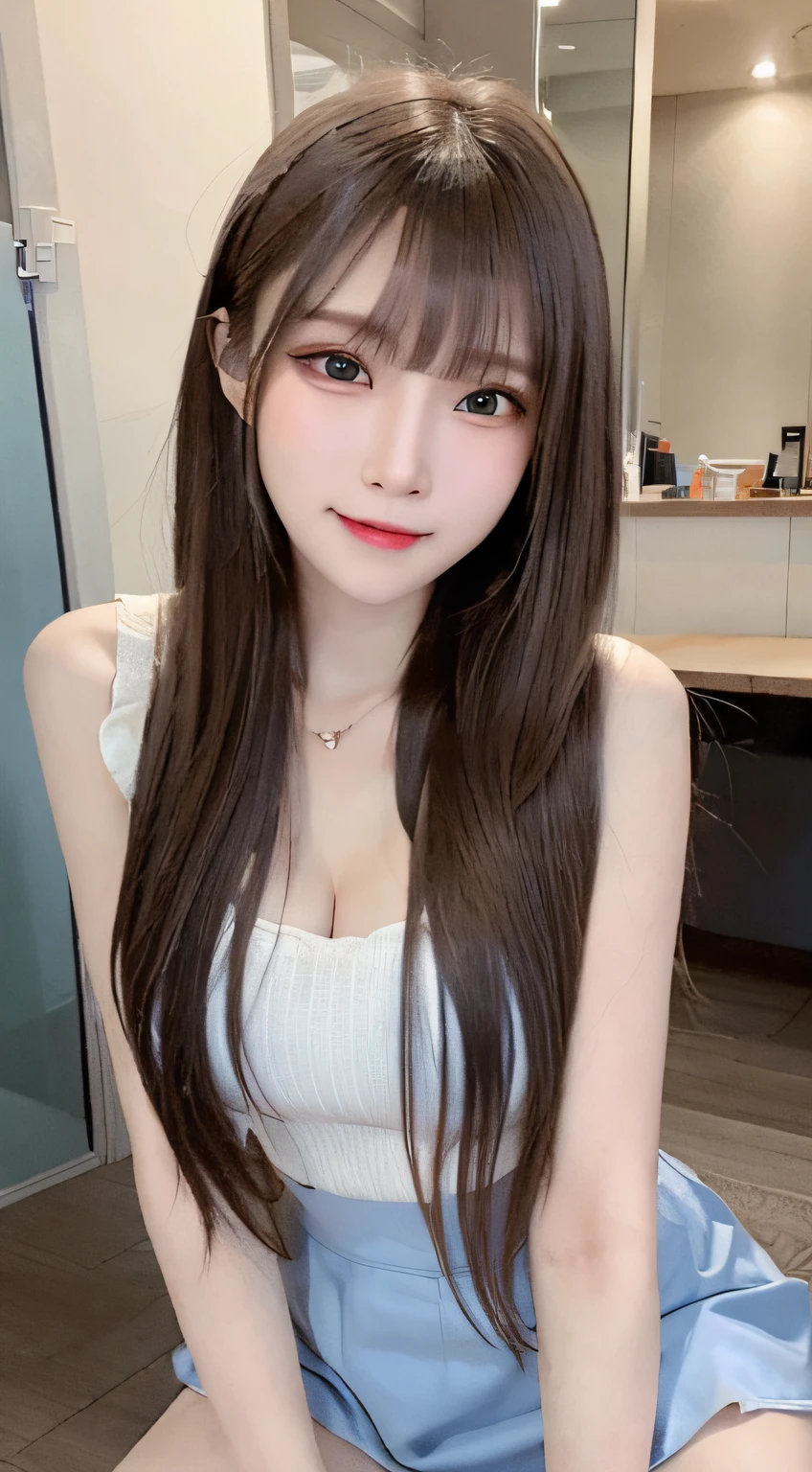 bright expression、photorealisim、top-quality、超A high resolution、a picture、(One Woman:1.6)，Photos of the most beautiful Nordic girls、full body Esbian、cowboy  shot、Detailed cute and beautiful face、a small face、(pureerosface_v1:0.008)、Beautiful bangs、alice in the wonderland、low  angle shot 、18year old、Glowing white shiny skin、Hair tangled in the face、Bangs that extend to the face、bangss、Hair between the eyes、Super long hair、Attractive brown silky hair、finer hair、Bright, Clear light blue eyes look attractive、School Uniforms、student clothes、Korean Makeup、eye liner、Double eyelids、ample breasts、Dynamic Pose