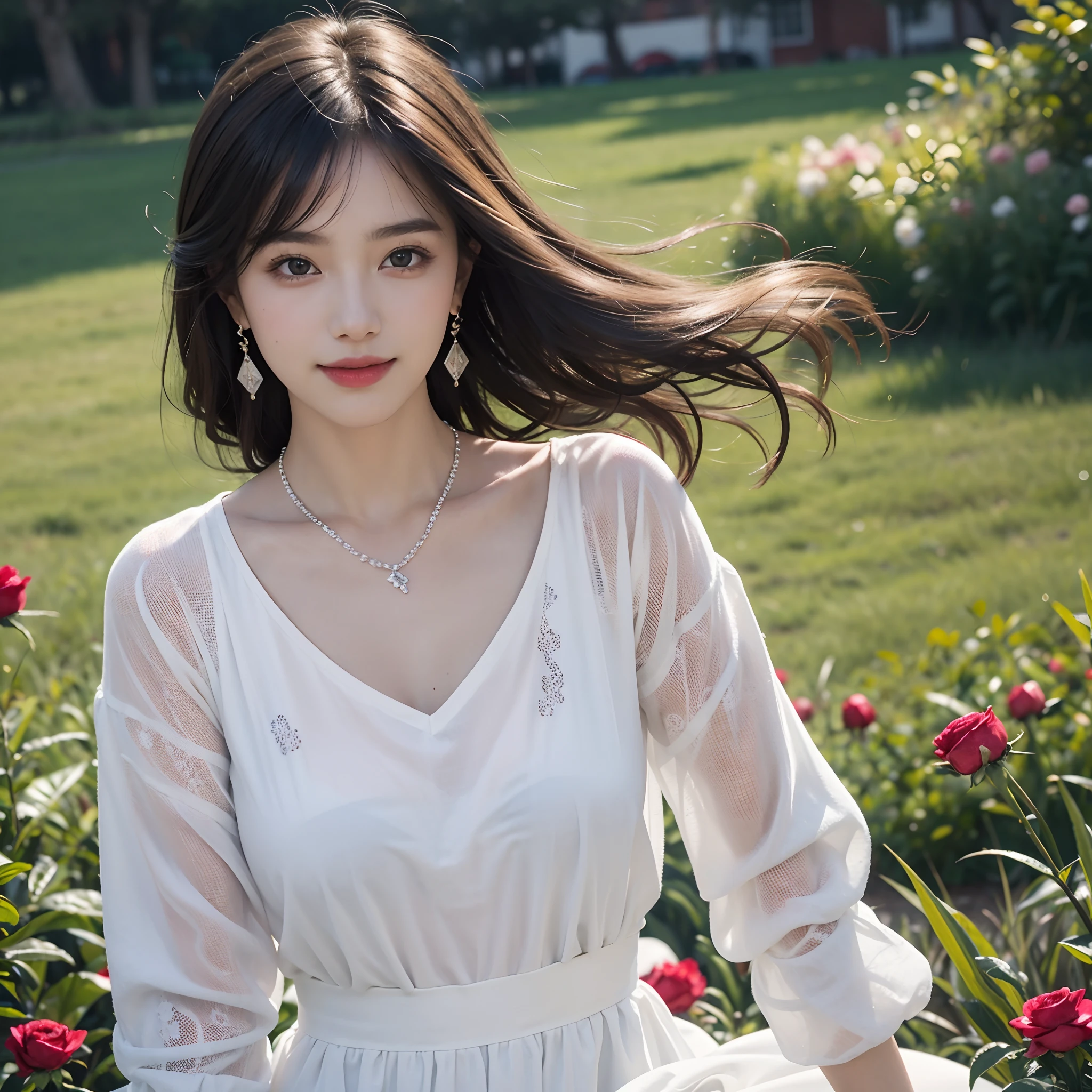((Best Quality, 8K, masutepiece: 1.3)), 1girl in, 1 girl, blush, (Seductive smile: 0.8),, hairaccessories, Necklace, jia, Tindall Effect, Realistic, Light Edge, Two-tone lighting, 8K Ultra HD, Digital SLR, High quality, Volumetric lighting, Sneak Peek, Photo, High resolution, 4K, 8K, Background bokeh, Gorgeous clothes, earrings, 35 mm, High Detail Hair, Upper body, Bust, Portrait, Ultra Clear Face, (Lakeside, grass field), Slender beauty, (Long Hairstyle Casual, :1.2), Gorgeous skirts: 1.1, Super fine face, Delicate eyes, Double eyelids, Mixed black and white clothing, Necklaces, earrings, (slutty dress, Shirts,) Light and shadow, High-definition light and shadow, (Flowers, Peonies, roses) (Clothing Prints) Lace trim,