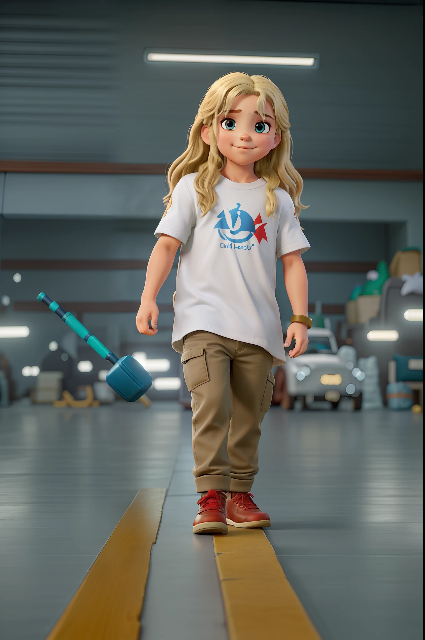 Child of wavy cebelo and long with Thor clothes, e cenario de filme dos vingadores