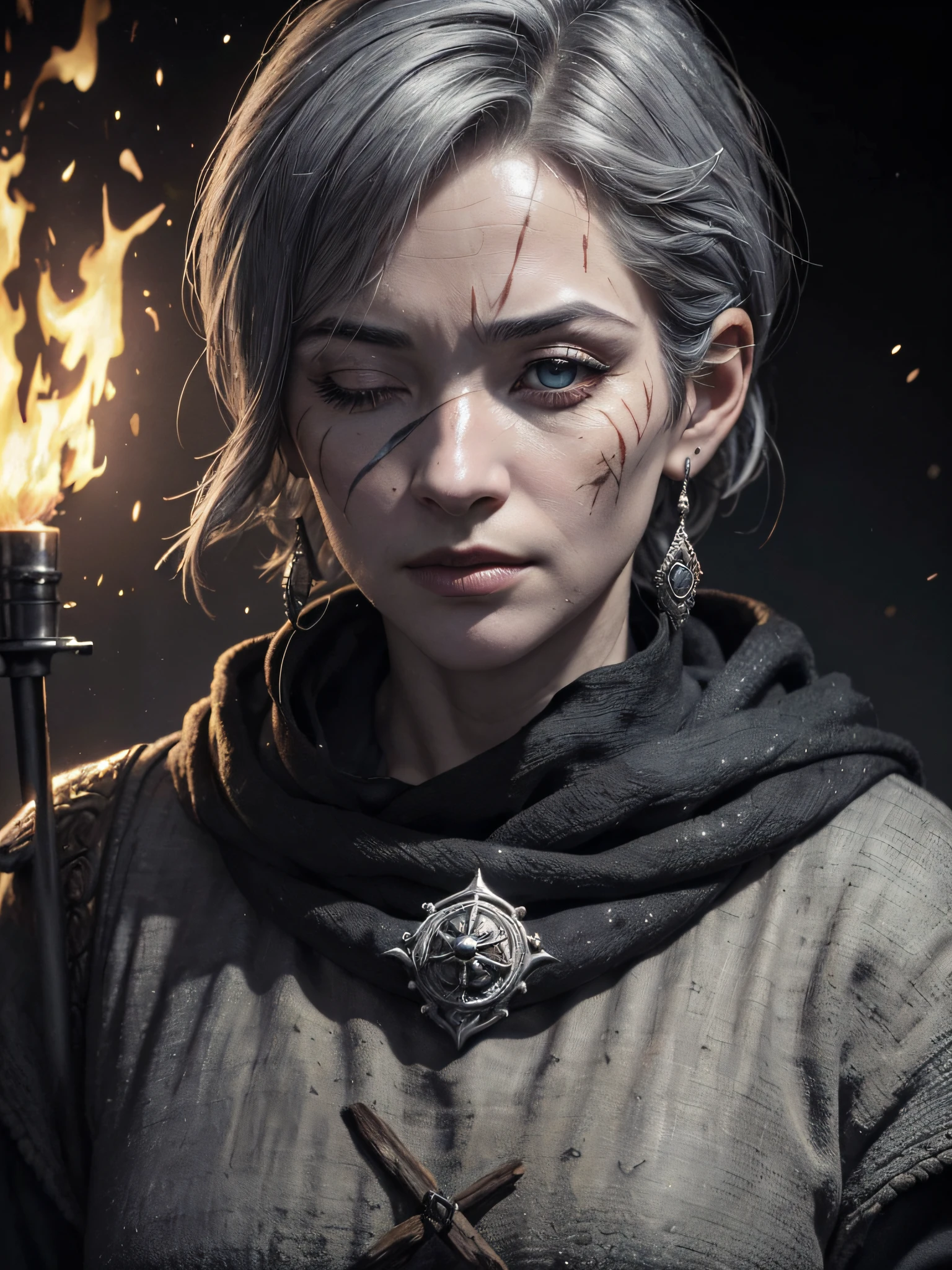 (Shot Full Body:1.3),(((Masterpiece))), (((Best Quality))), ((Ultra-detailed)), (Cinematic lighting), (illustartion), (beautiful detail eyes), (1girl, The woman, Adult, Square Face:1.3), Depth of field,(pale skin, scar on face, One eye:1.3), ((Masterpiece, hiquality, hight resolution,Detailed background, A detailed eye, Good eyes, good anatomy)), (serious expression: 1,2), (scar across eye), (black hair, gray hair, Very Short Hair1.5), Cold, mountains, blacksmith, Kingsglaive Apparel, ((inventor, blacksmith, Blacksmith's clothing), Black Work Clothes, (White One Eye, one-eyed, Right eye closed: 1.2), Luminous water particles, Ancient Rome, (Work in the forge:1.3), ((scar on face)), ugly, An old woman, (absurdress, hight resolution, Ultra Detailed),Finely detailed eyes and detailed face, Philosophical, Iconography, Divination by numbers, Popularity, an artistic