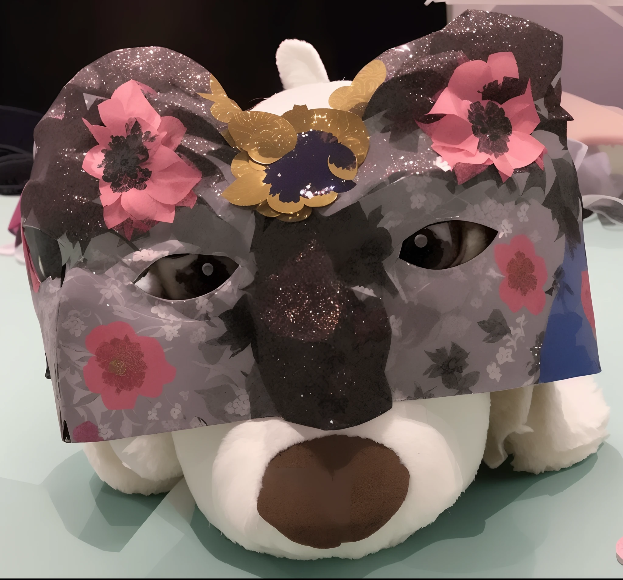 there is a mask made to look like a dog with a bow, added detail, detailed face with mask, detailed mask, fursuit, dog head, closeup of the face, kitsune mask on head, kitsune mask, highley detailled face, mask, ornate mask and fabrics, intermediate art, with kitsune mask, the mask covers her entire face