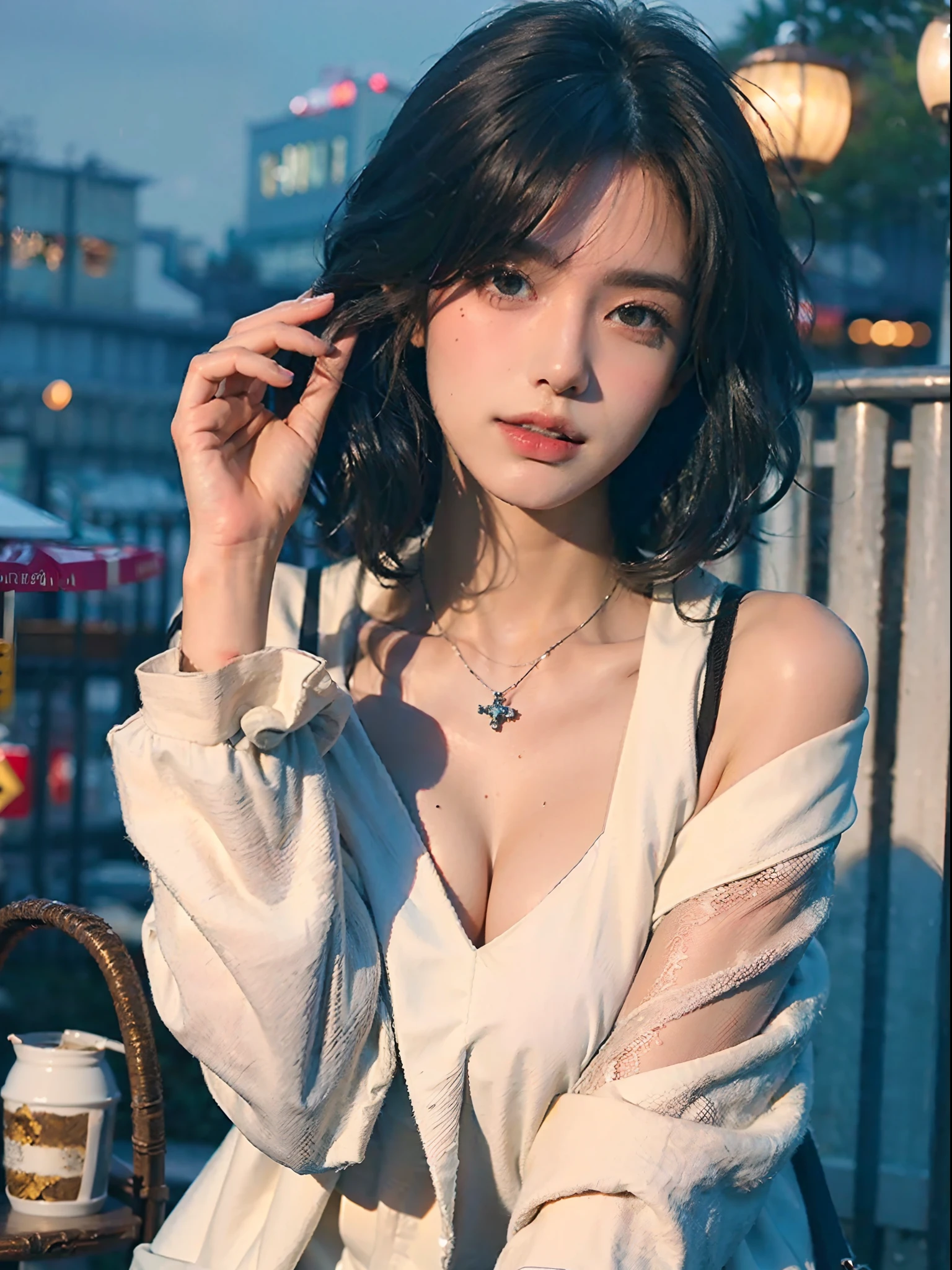 randome pose, mix4,(8K, RAW photo, Best quality, Masterpiece:1.2), (Realistic, photo-realistic:1.37),1girll,Cute,Cityscape, Night, rain, Wet, Professional lighting, photon maping, Radio City, Physically-based rendering,, gradient black colour hair,, White hair, Short curly hair, Handsome, Girl, white ball suit, top quality picture, high resolution, 1080p, (Clear face), (Detailed facial description), (Detailed hand description), (Masterpiece), (exquisite CG), Extreme light and shadow, Messy hair, Master's work, rich details, (Fine facial features), (highest quality picture), (Masterpiece), (Detailed eyes),Look ahead with your eyes,fine collar bone
