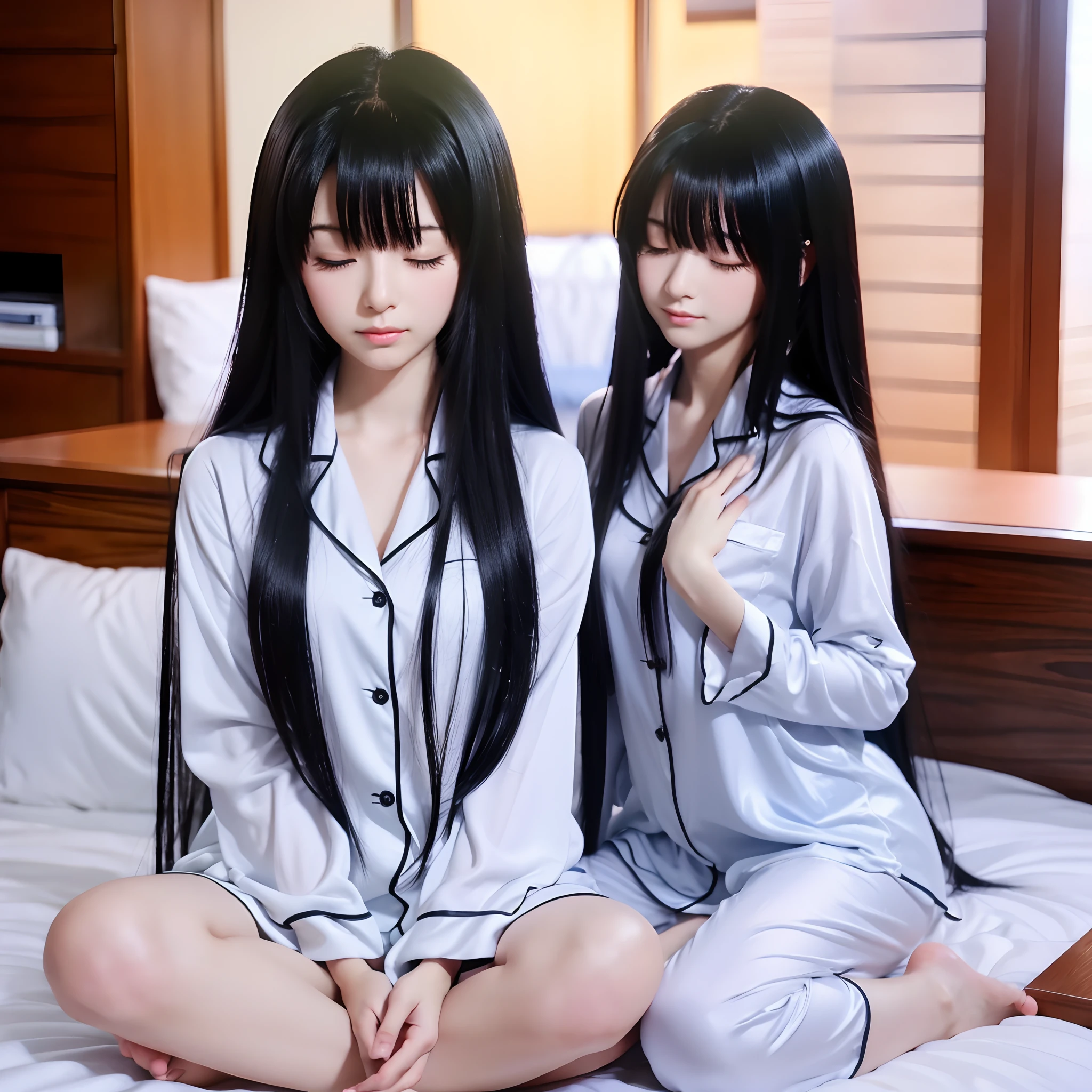 Anime girl with long black hair with her eyes closed, Put hands together andpray, in pajamas, anime moe art style, style of anime