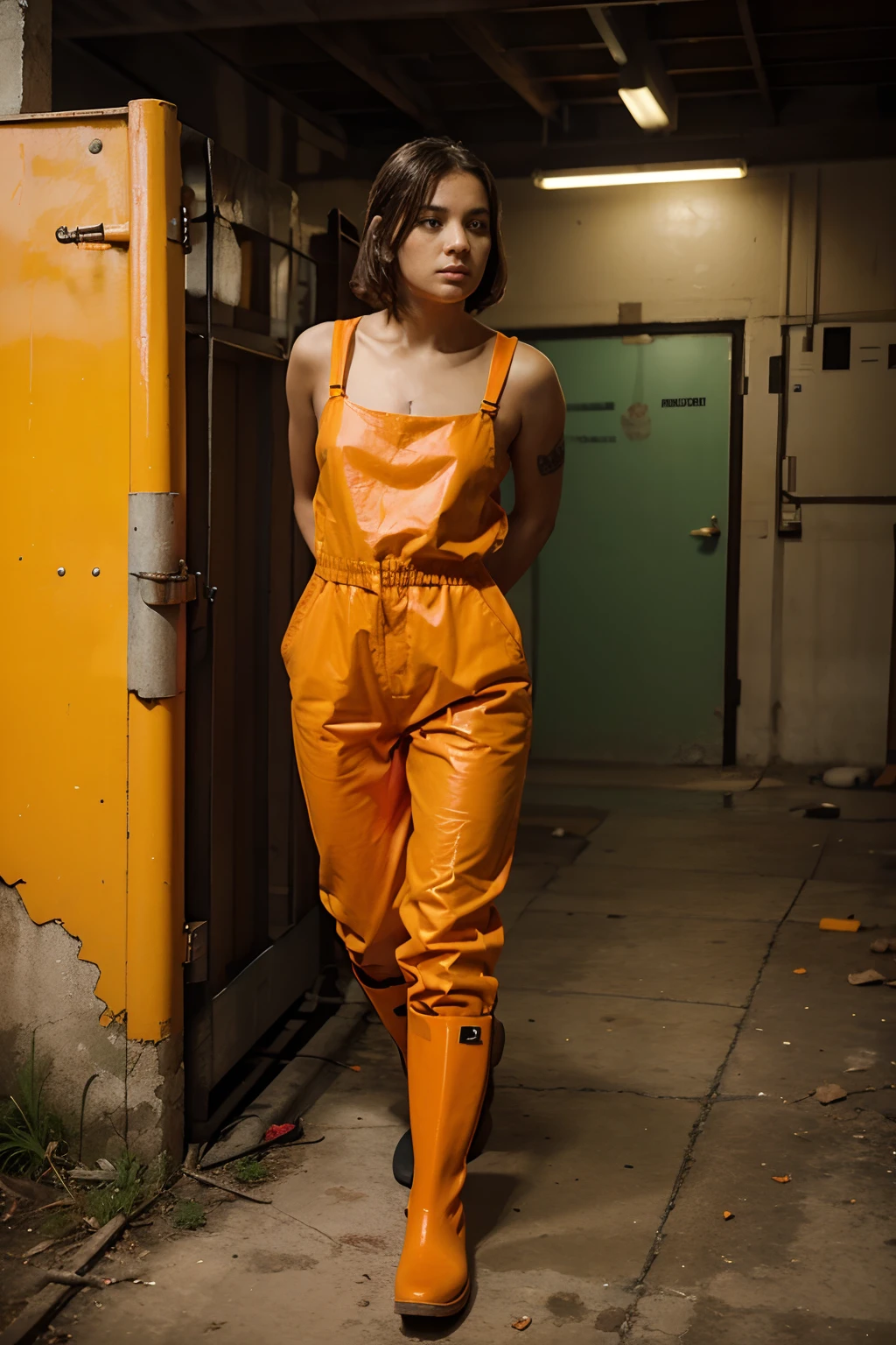a girl bound in prison, wearing an orange prison jumpsuit and green Hunter rubber boots