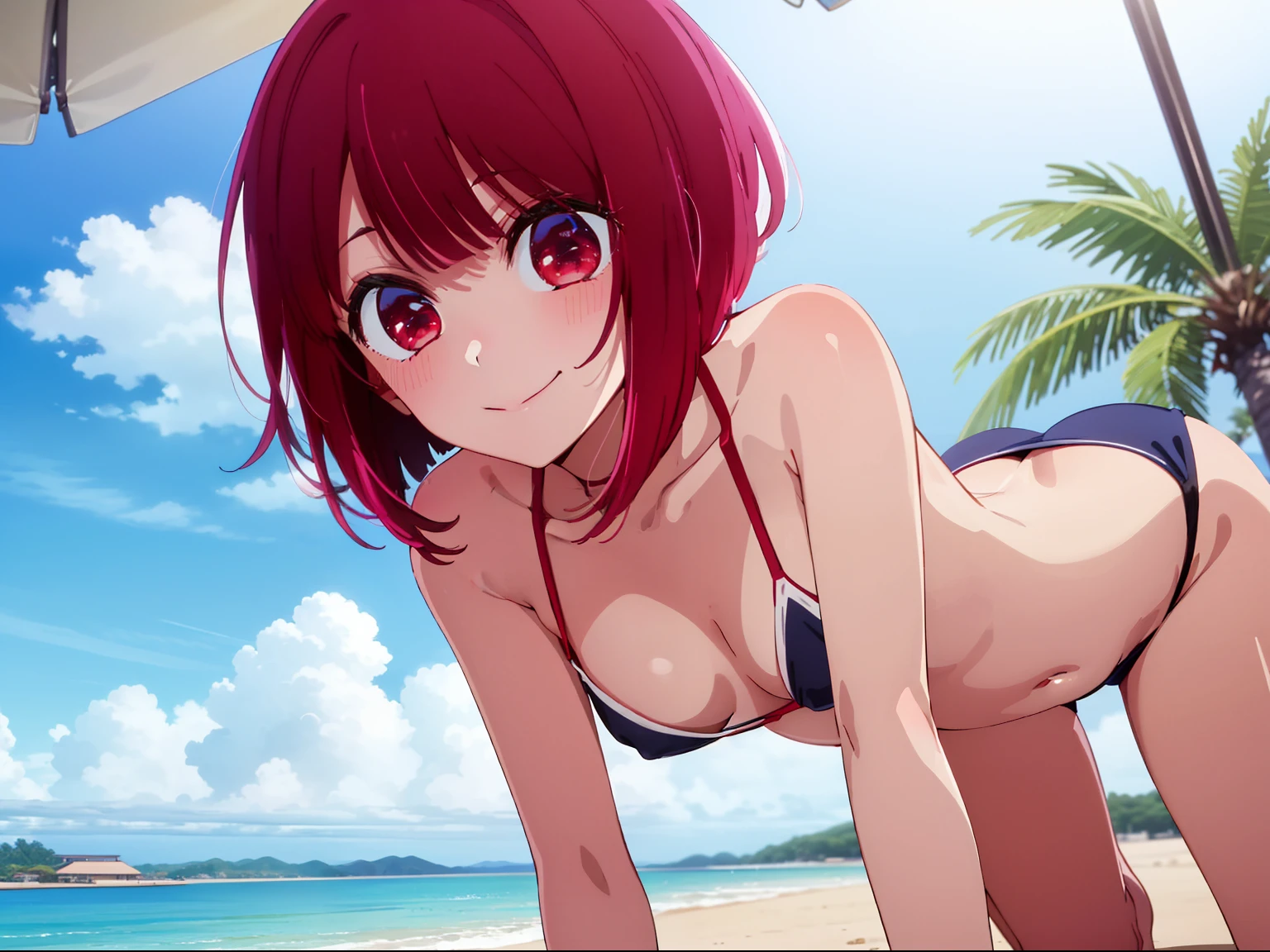 ​masterpiece、ighly detailed、(1 girl in:1.2)、Red hair、Learn uniforms、big eye、a closeup、A smile、8K、short-hair、(((anime styled)))、Shining eyes, bikini, small boobs, beach, wind, ( on all fours)