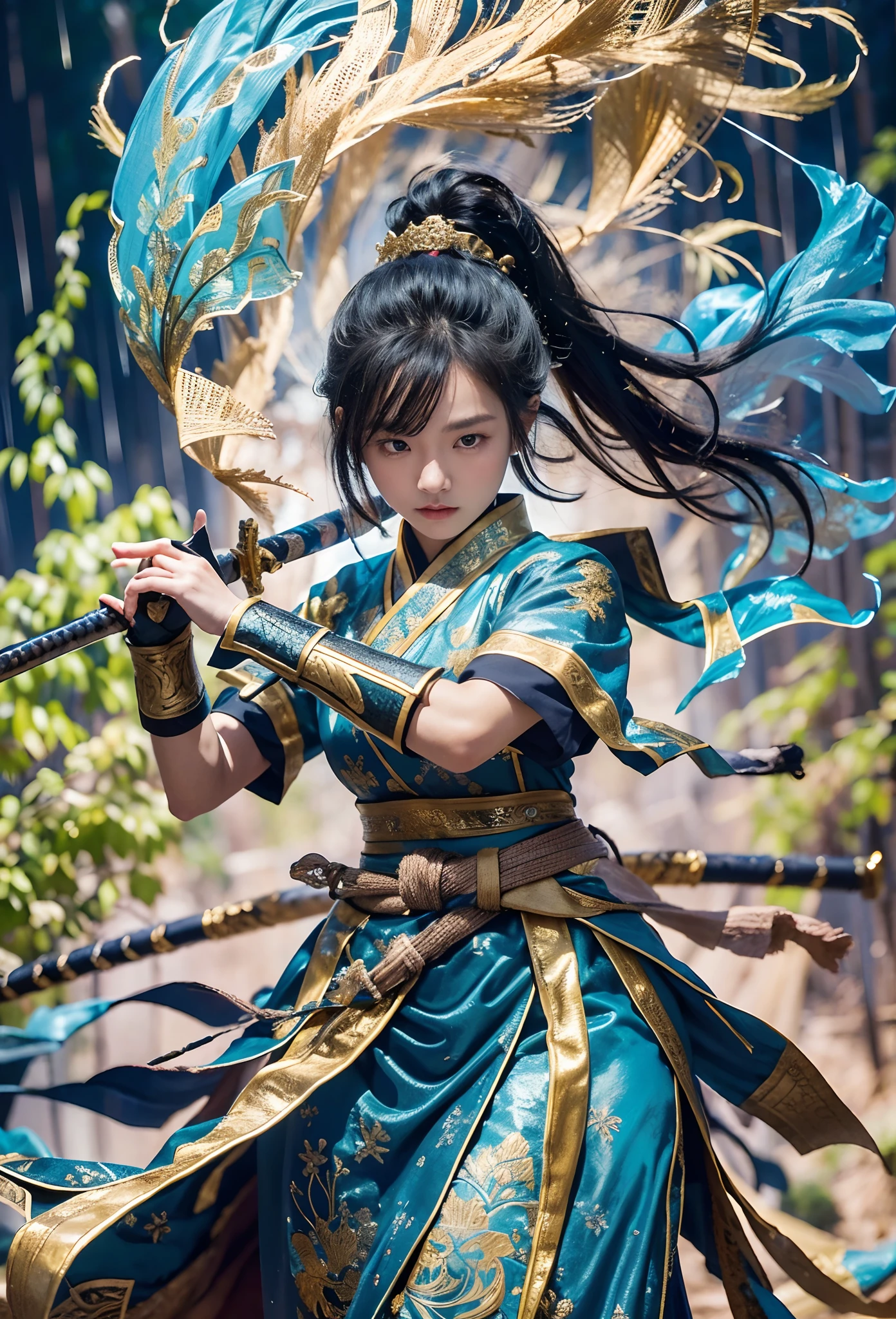 fantasy, Landscape photo of the forest, Chinese martial arts style, The skin is wet and shiny, (A 25-year-old girl samurai wears a black combat uniform，Hold a sword with gold details and glowing, Golden cape), (In a dense bamboo forest，Forest path, Night, thunderstorm, Dark sky, rain: 1.2), China-style, barbara (Genshin Impact:0.5), Elsa (Frozen):0.5, (Intricate details:1.2), Black hair, Wavy hair, lamplight, Sad, Brown eyes, symmetrical features, Detailed hands, Detailed fingers, (Masterpiece:1.2), (Epic composition:1.4), (talent:1.2), Ultra detailed, Highly detailed, insanely details, (Photorealistic:1.2), hdr, 8K, Exquisite, Sharp, elegant, fantasy vivid colors, High quality, battle garment, (full body shot of: 1.8)，(Faraway view: 1.8)，ultra-wide-angle