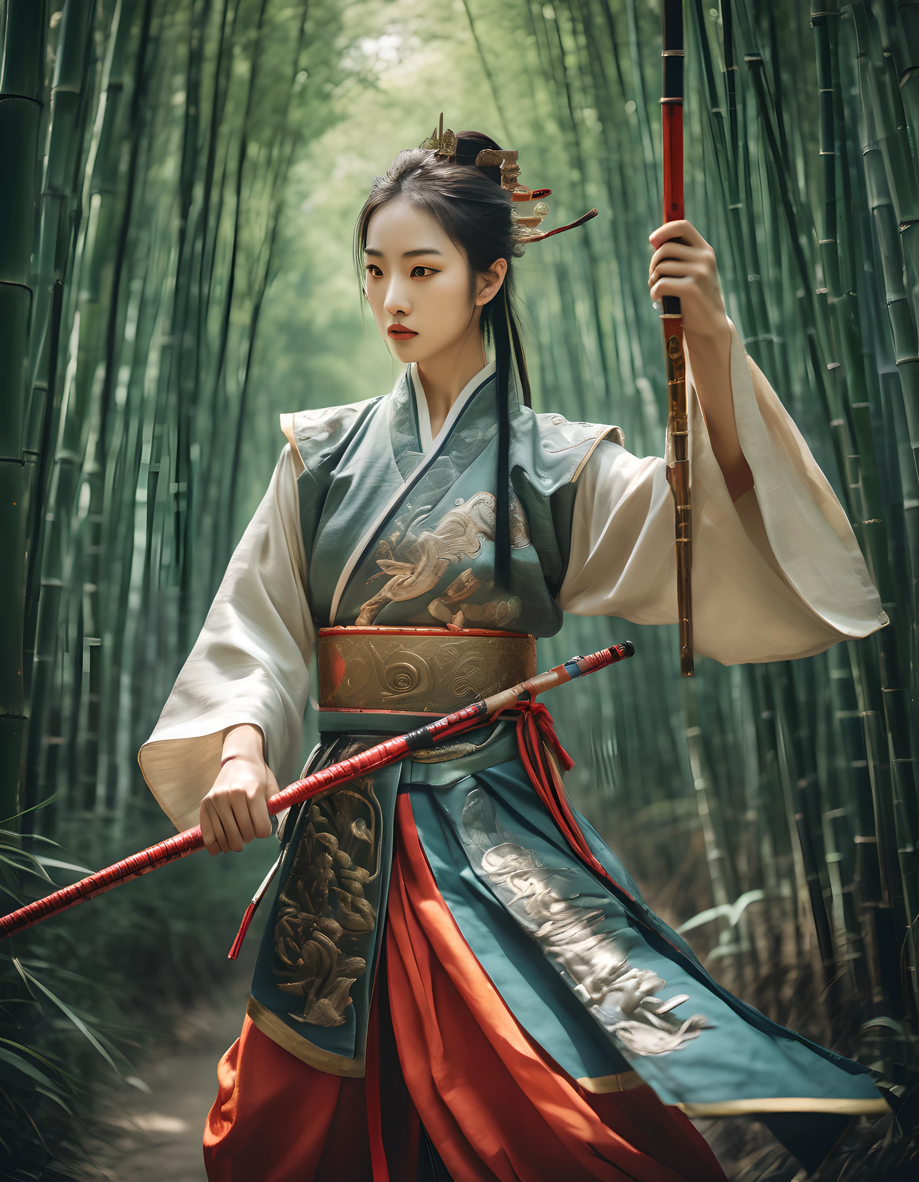 Immerse yourself in the world of ancient Chinese martial arts with this captivating prompt for an oil painting of a mysterious female martial artist, clad in elaborate ancient Chinese armor, wielding a legendary sword in a bamboo forest. The composition portrays the warrior's enigmatic aura, as she stands amidst the tranquil bamboo grove, her armor reflecting the dappled sunlight. The intricate details of her armor, adorned with ornate patterns and symbols, speak of a rich heritage and noble lineage. The legendary sword she wields, with its exquisite craftsmanship and mythical aura, becomes a symbol of her martial prowess. The use of bold brushstrokes and vibrant colors adds a sense of dynamism and energy to the artwork. Painted by renowned Chinese artist Qi Baishi