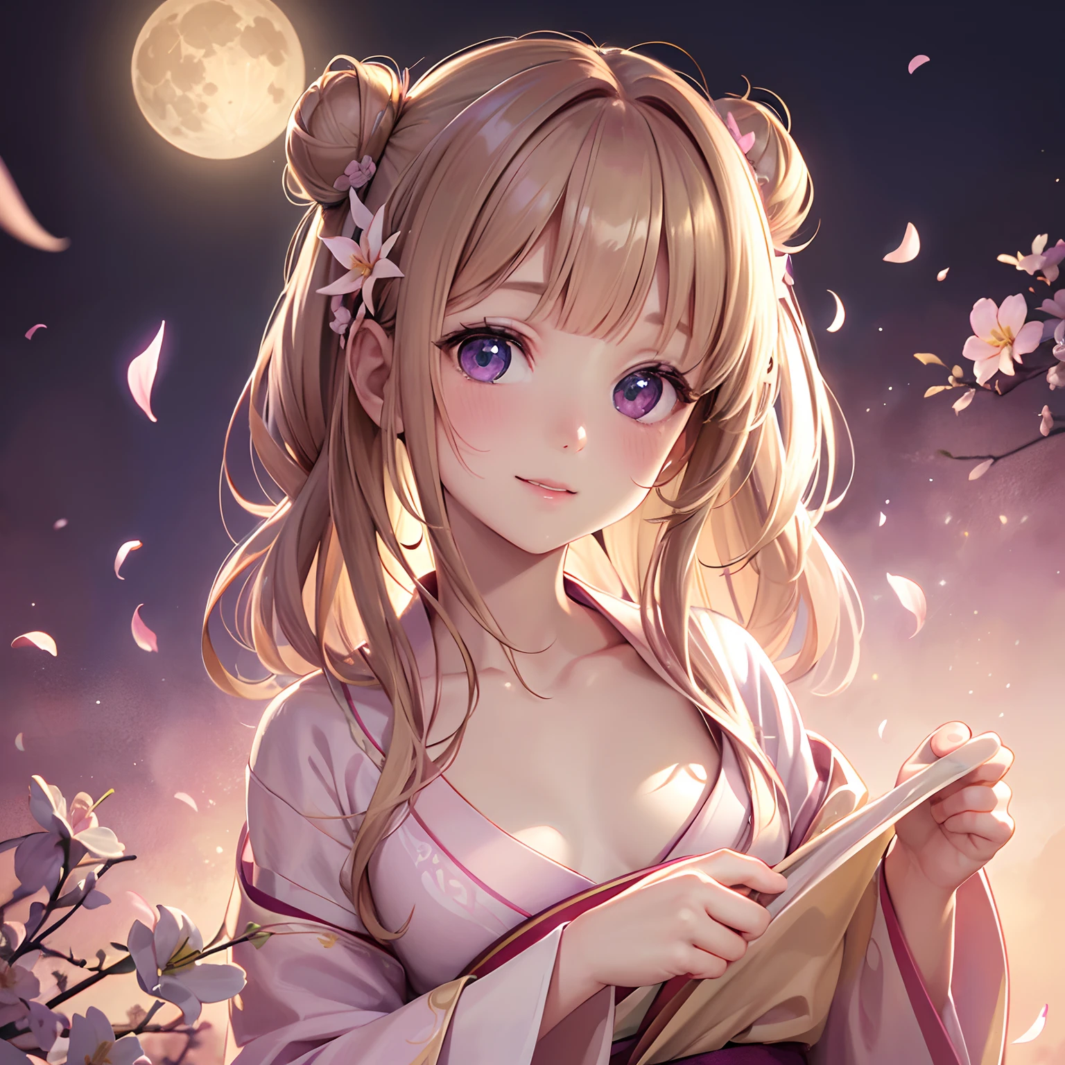 finest image, (8k, RAW photo, realistic), portrait, detailed and delicate depiction and flashy and dynamic painting method, light brown hair, double bun, blunt bangs, cute girl, violet round big eyes, laugh, happy, shy, flat chest, slender, white and light pink Japanese kimono, white and light pink lilies, background big moon, iridescent golden particles