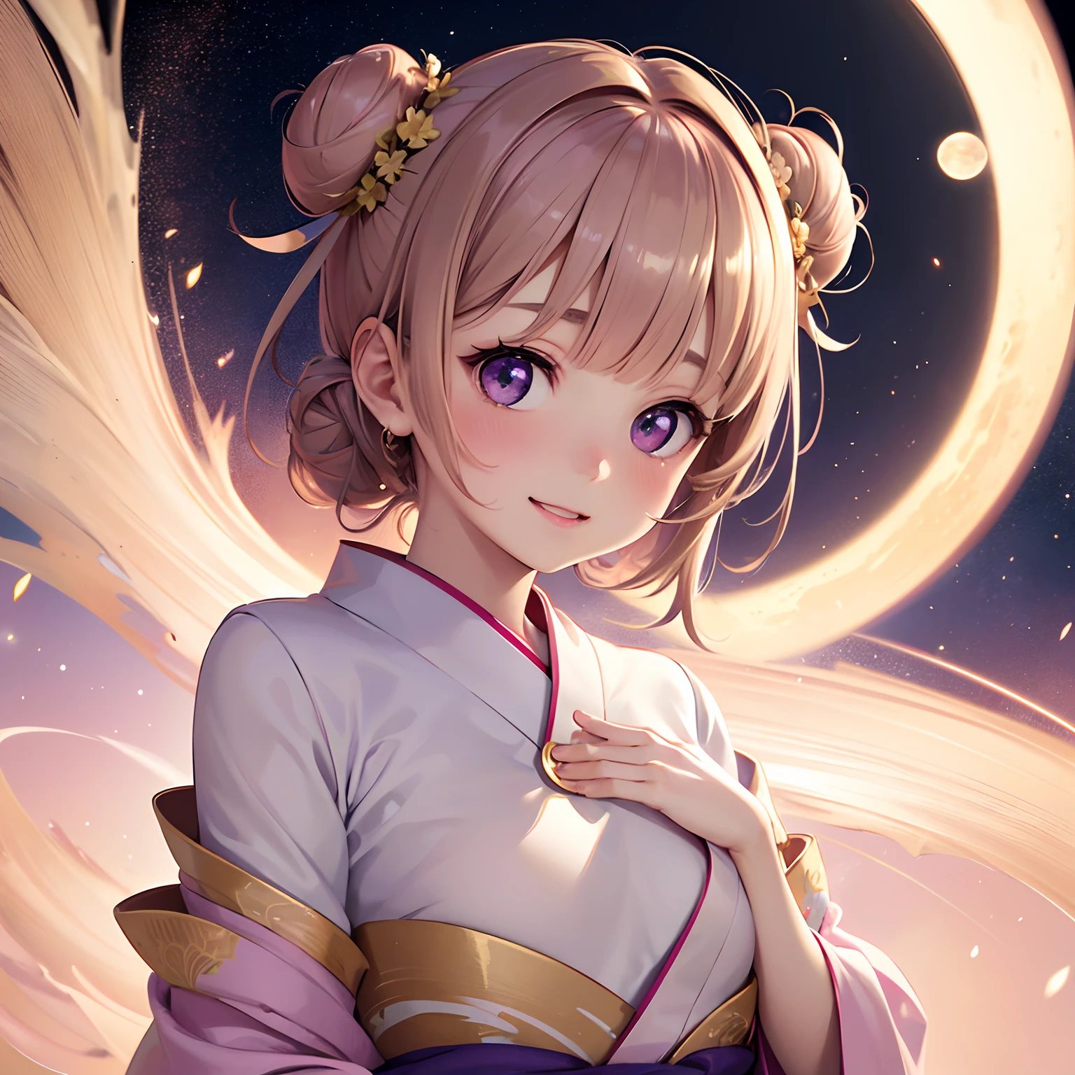 finest image, (8k, RAW photo, realistic), portrait, detailed and delicate depiction and flashy and dynamic painting method, light brown hair, double bun, blunt bangs, cute girl, violet round big eyes, laugh, happy, shy, flat chest, slender, white and light pink Japanese kimono, white and light pink lilies, background big moon, iridescent golden particles