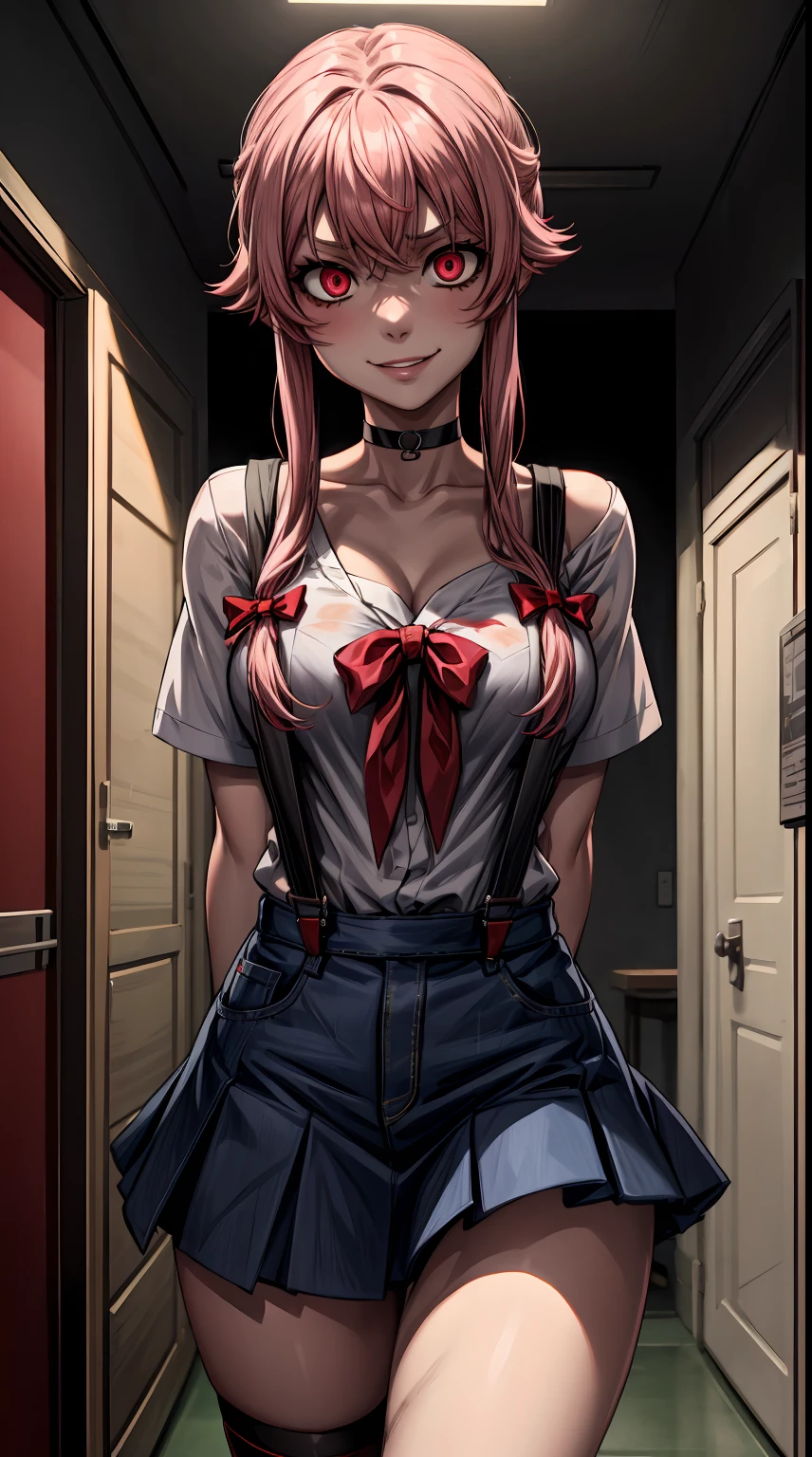 gasai yuno, white cardigan, black shirt, denim skirt, miniskirt, collarbone BREAK red eyes, large breasts, black choker, (head tilt:0.8), angry, talking to you, (night;1.5) arms behind back, pink hair, black thigh high suspenders in a old room, YAMEROYANDERE CONSTRICTED PUPILS YANDERE EMPTY EYES SHADED FACE CRAZY EYES GLOWING EYES CRAZY SMILE DARK