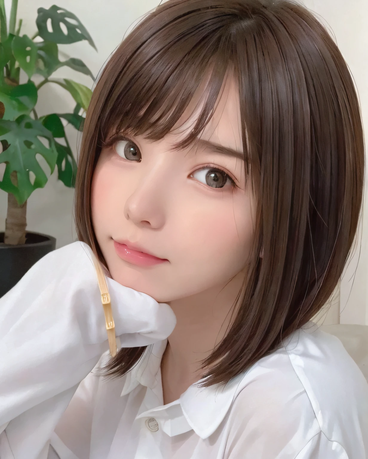 (highest quality, masterpiece), One girl, beautiful girl, Brown_eye, ((茶hair, [前hairありのピクシーカット] hair)), Earrings, lips, Short sleeve,Realistic, Tight waist, Charm, Colorful Makeup, Long eyelashes, Fair skin, (cute), (Detailed Face), 詳細ed eye, Detailed iris, Smiling face,Pose for the camera