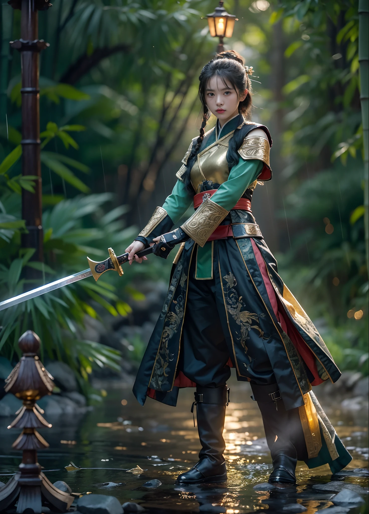 fantasy, Landscape photo of the forest, Chinese martial arts style, The skin is wet and shiny, (A 25-year-old girl samurai wears a black combat uniform，Hold a sword with golden details and glowing, Golden cape), (In a dense bamboo forest，Forest path, Night, thunderstorm, Dark sky, rain: 1.2), China-style, barbara (Genshin Impact:0.5), Elsa (Frozen):0.5, (Intricate details:1.2), Black hair, Wavy hair, lamplight, Sad, Brown eyes, symmetrical features, Detailed hands, Detailed fingers, (Masterpiece:1.2), (Epic composition:1.4), (talent:1.2), Ultra detailed, Highly detailed, insanely details, (Photorealistic:1.2), hdr, 8K, Exquisite, Sharp, elegant, fantasy vivid colors, High quality, battle garment, (full body shot of: 1.8)，(Faraway view: 1.8)，ultra-wide-angle