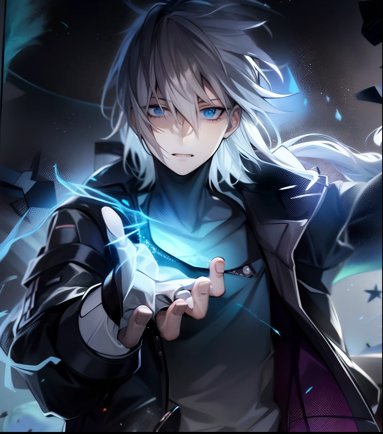 uma foto de um homem com uma camisa branca e jaqueta preta, com o dedo indicador, Hajime Yatatate, Nagito Komaeda, Killua Zoldyck Retrato, arte chave do anime, he is casting a lighting spell, cara bonito na arte demon slayer, arte chave detalhada do anime, cara de anime alto com olhos azuis, jovem mago das sombras macho