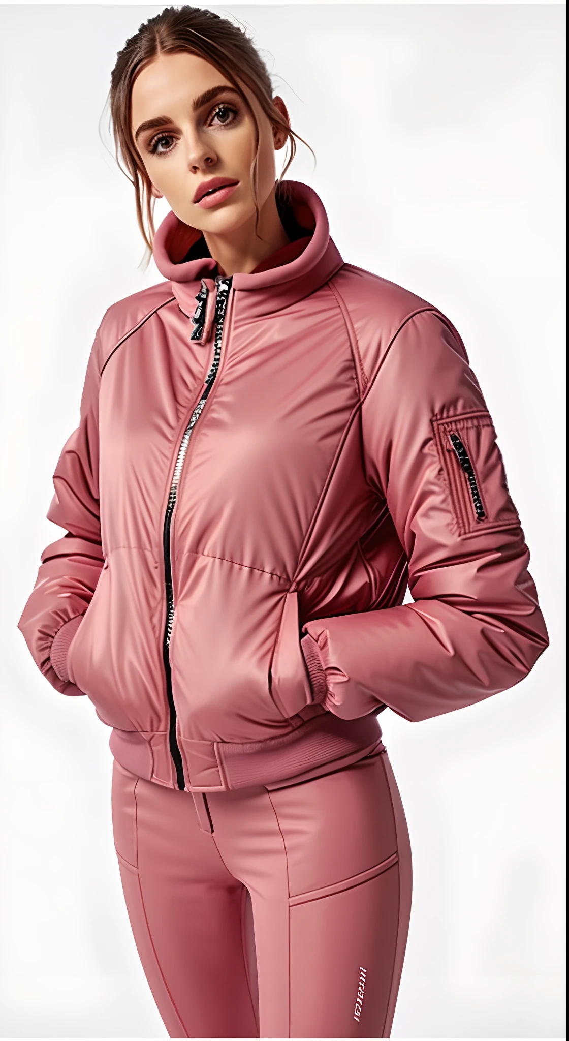 Uma mulher com uma jaqueta rosa e leggings posa para uma foto, suit jacket, jaqueta sobre tronco nu, jaqueta bomber, jaqueta curta, future inflatable jacket, modelo usa jaqueta puffer, jaqueta esportiva, jaqueta puffer, jaqueta marrom, INSPO, vestindo uma jaqueta bomber, jaqueta vermelha, wearing jacket, roupas de cor quente, jaqueta puffer transparente, roupas esportivas