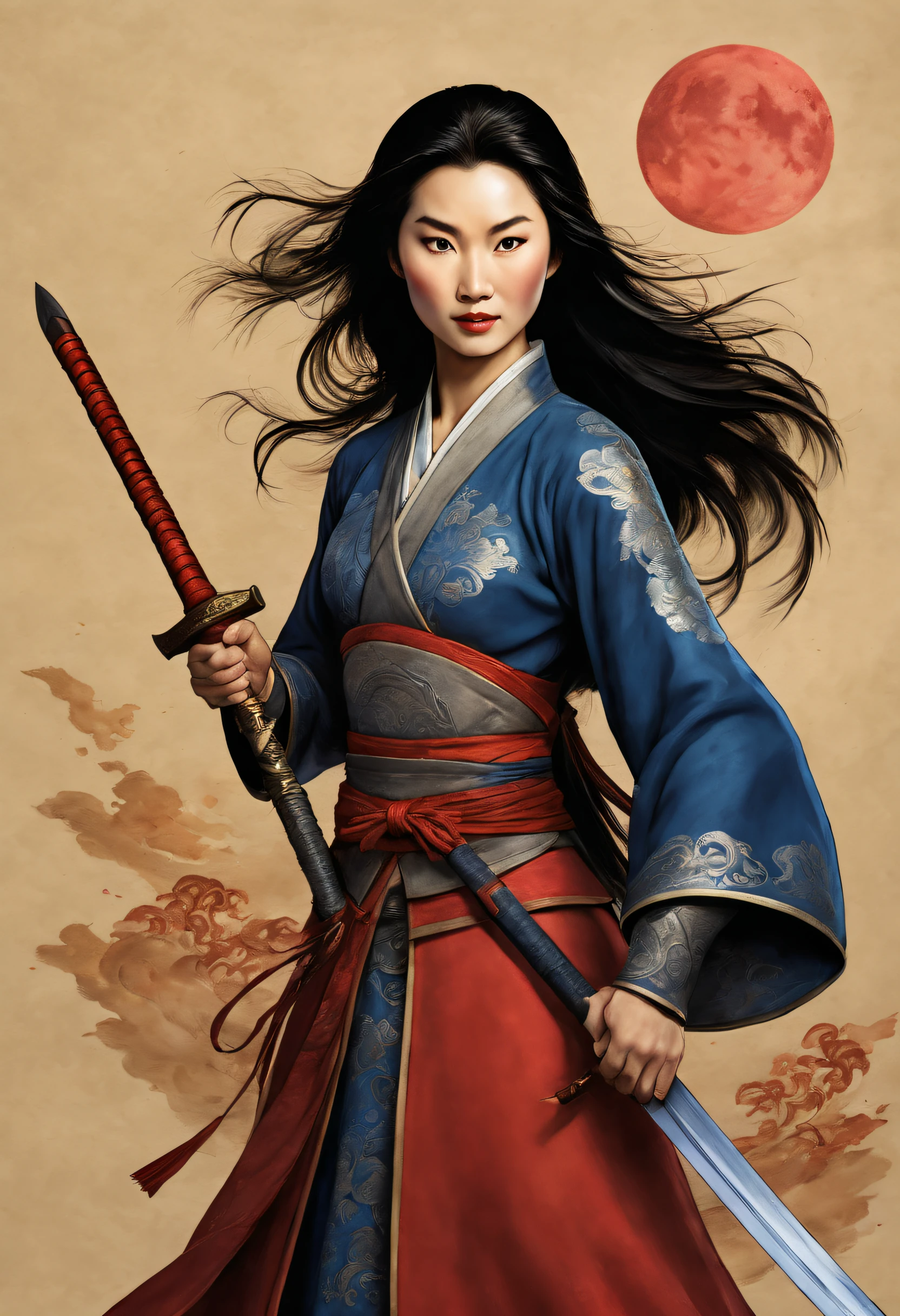 （Mulan, a knight in a phoenix helmet and dark blue armor, wields a long sword），（full bodyesbian），（shelmet），（Mulan wields her sword：1.3），Flashing with cold light，（The hilt of the sword is engraved with a beautiful pattern），Very long hair, Black hair, Big black eyes, Long eyelashes, Sexy red lips, Resolute expression, （perfect hand）, （The upper body wears dark blue armor made of fish scales and iron sheets）, （The armor was also inlaid with golden stars）, （Red skirt：1.2）, （The skirt part is floral embroidery:1.2）, （The cloak is decorated in black and gold）, disney movie《Mulan》， swordsmen，Kungfu，Chinese costume， Background embroidery: （Red Phoenix：1.1），Scarlet night sky, （A round of the moon,），Sand and foam are swirling，Blue gas vortex, swirling sand and foam, dust kicked up，Such as foam，Rivers of blood flow, dead tree，cawing ravens， {{Masterpiece}} ， {{{Best quality}}} ， {{Ultra-detailed}} ， {{{illustration}}} ， {{Disheveled hair}} ，Clear facial features，c4d渲染，，Look up，3Drenderingof，Background with