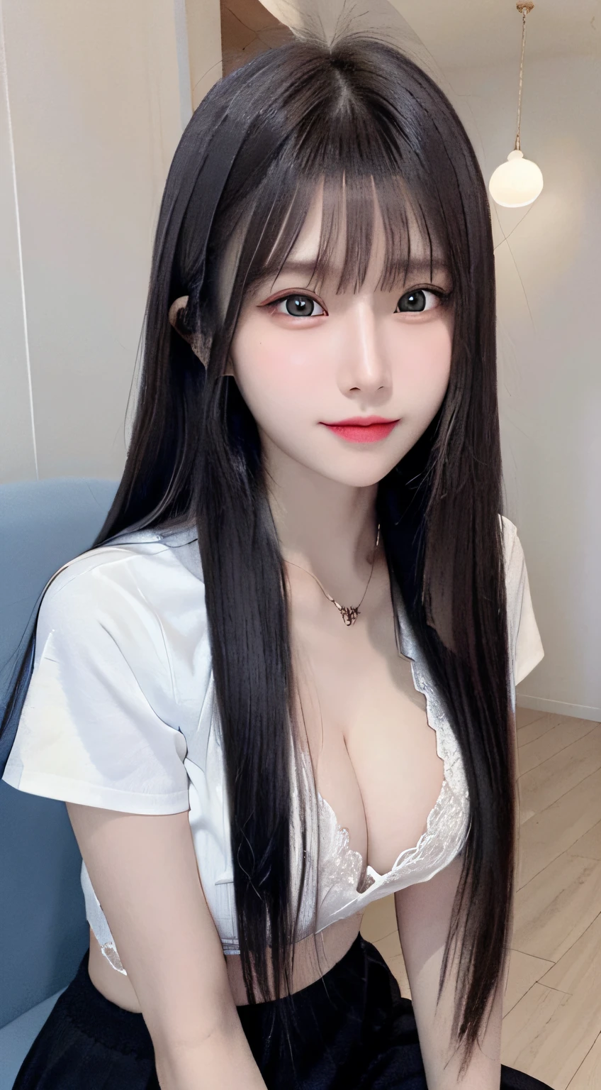 bright expression、photorealisim、top-quality、超A high resolution、a picture、Photos of the most beautiful Nordic girls、Detailed cute and beautiful face、a small face、(pureerosface_v1:0.008)、Beautiful bangs、alice in the wonderland、18year old、Shot from the top of the thigh、Glowing white shiny skin、Hair tangled in the face、Bangs that extend to the face、bangss、Hair between the eyes、Super long hair、Attractive black color long straight silky hair、finer hair、Attractive sparkling beautiful bright clear light blue eyes、School Uniforms、student clothes、eye liner、Double eyelids、ample breasts、Dynamic Pose
