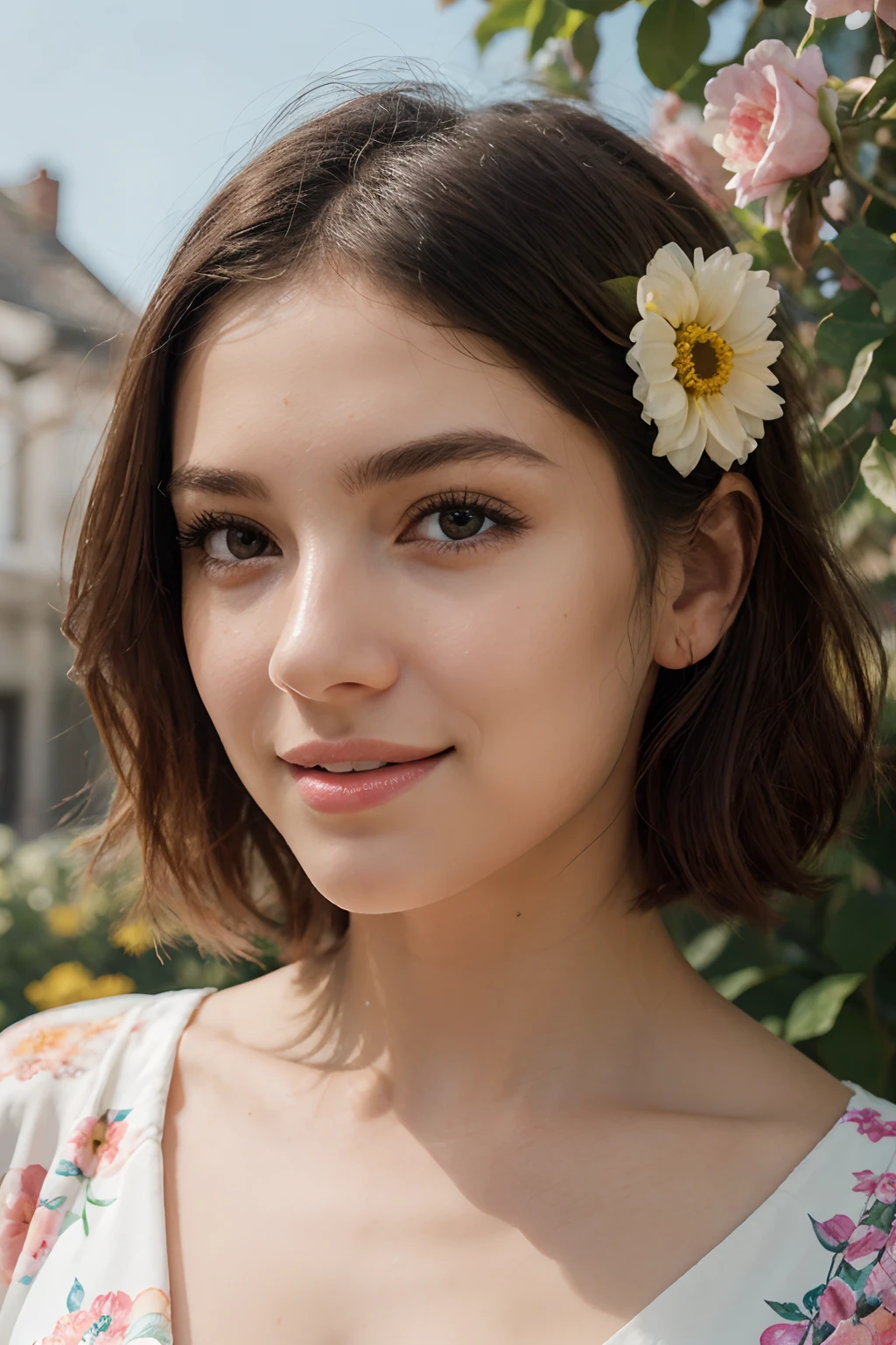 cute lips, and expressive eyes, surrounded by vibrant flowers in a blooming garden, wearing a colorful dress. The artwork is created with a mix of watercolor and digital painting techniques, resulting in a dreamy and ethereal effect. The overall image quality is of the highest standard, with ultra-detailed features and a realistic, photorealistic rendering. The color palette is vivid and playful, with a focus on warm tones to enhance the cheerful atmosphere. The lighting is soft and gentle, casting a warm glow on the girl's face and emphasizing the delicate details of her features.