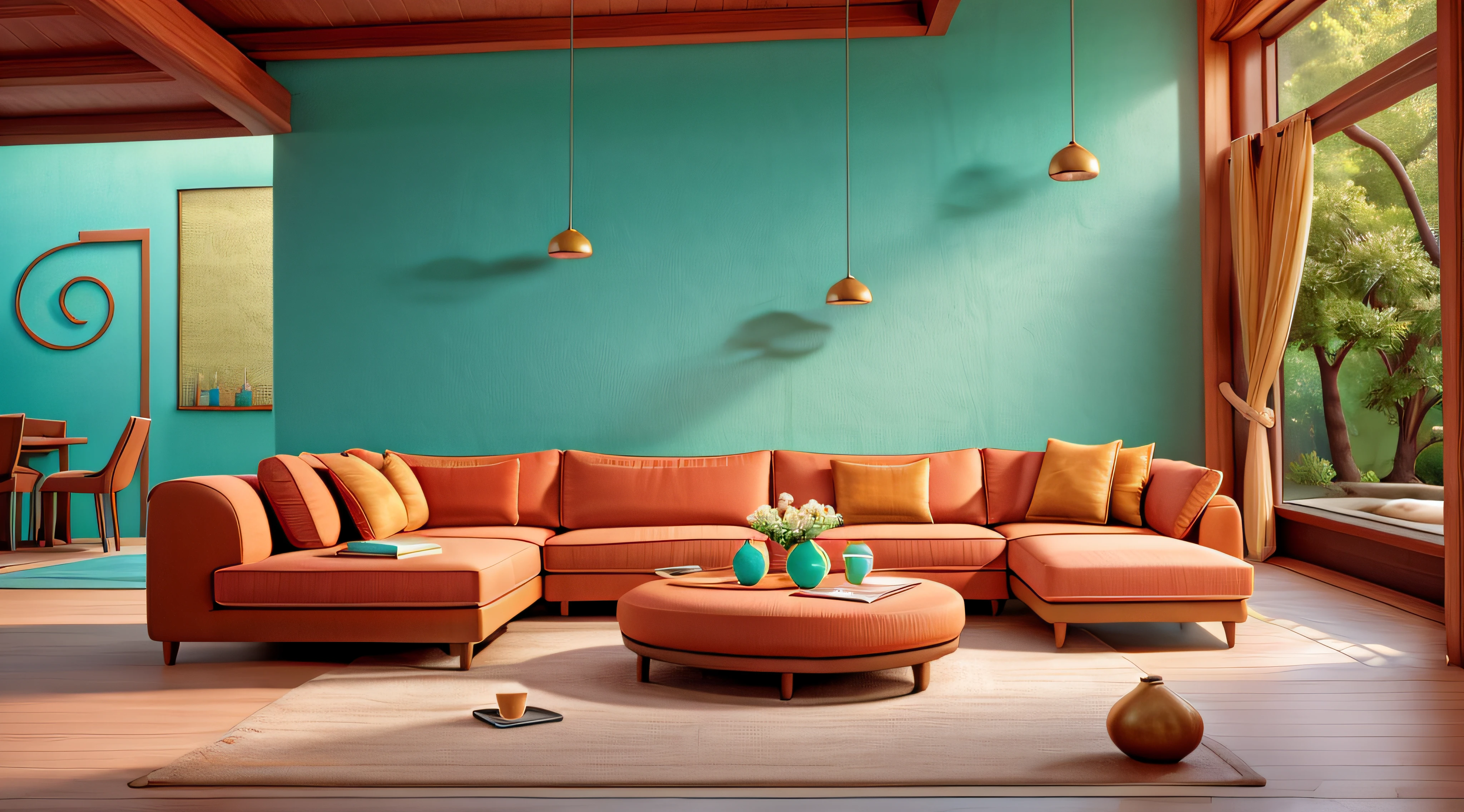Curved sofa, ottoman and armchair against coral wall with copy space. Japandi style home interior design of modern living room.