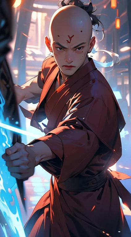 Handsome Shaolin monk、(((1 juvenile,bald-headed,buddhist monk,full bodyesbian,tear-mole:))),full bodyesbian,Chinese Kung Fu,Sharp eyes,Clear facial features,dressed white hanfu,The body is surrounded by purple mist,Runes surround you,Martial arts action,Holographic reality,holographic halo,dynamic blur,Game lighting effects,rim-light,Soft light,cinematic rim light,The light is delicate